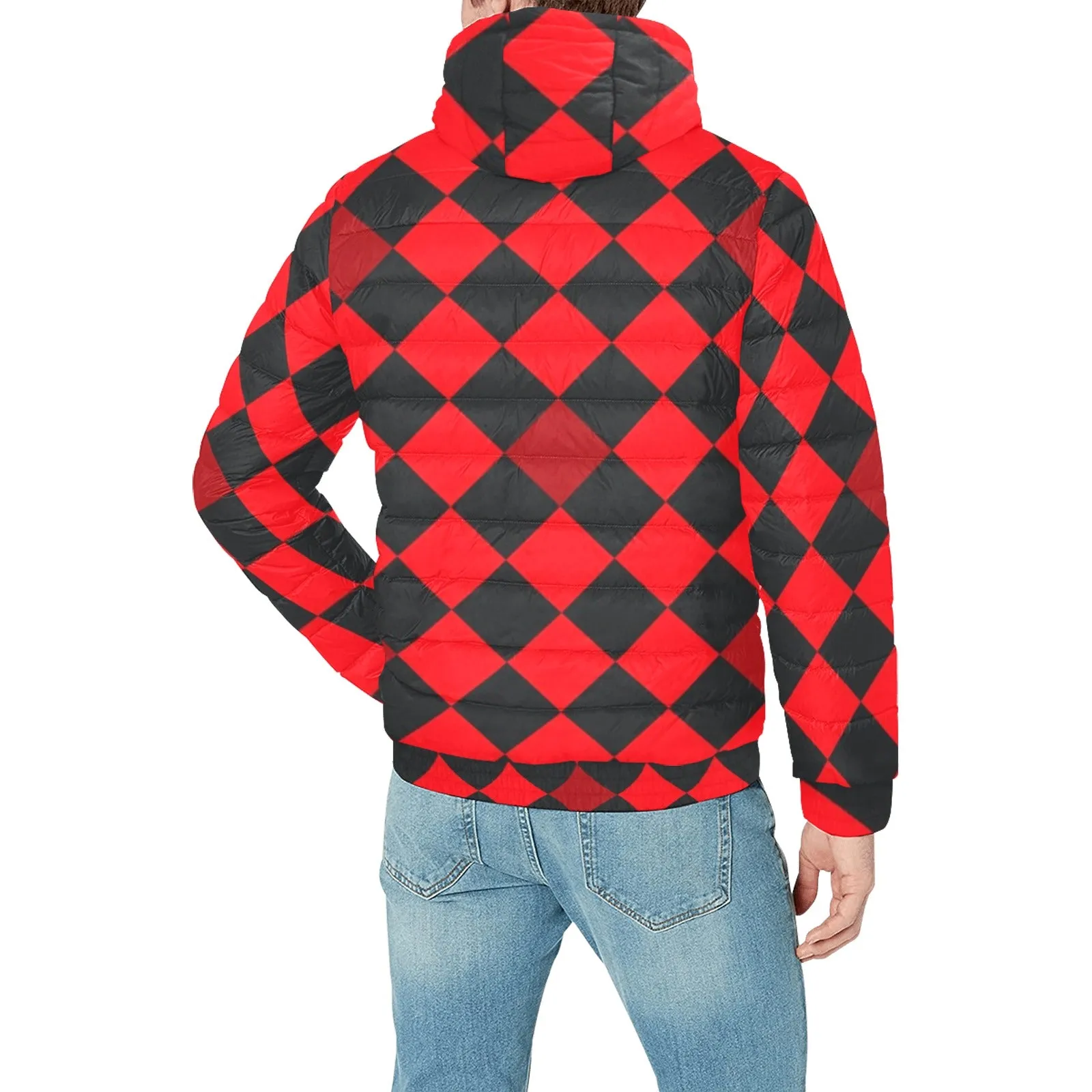 red black diamond print 2 Men's Padded Hooded Jacket (Model H42)