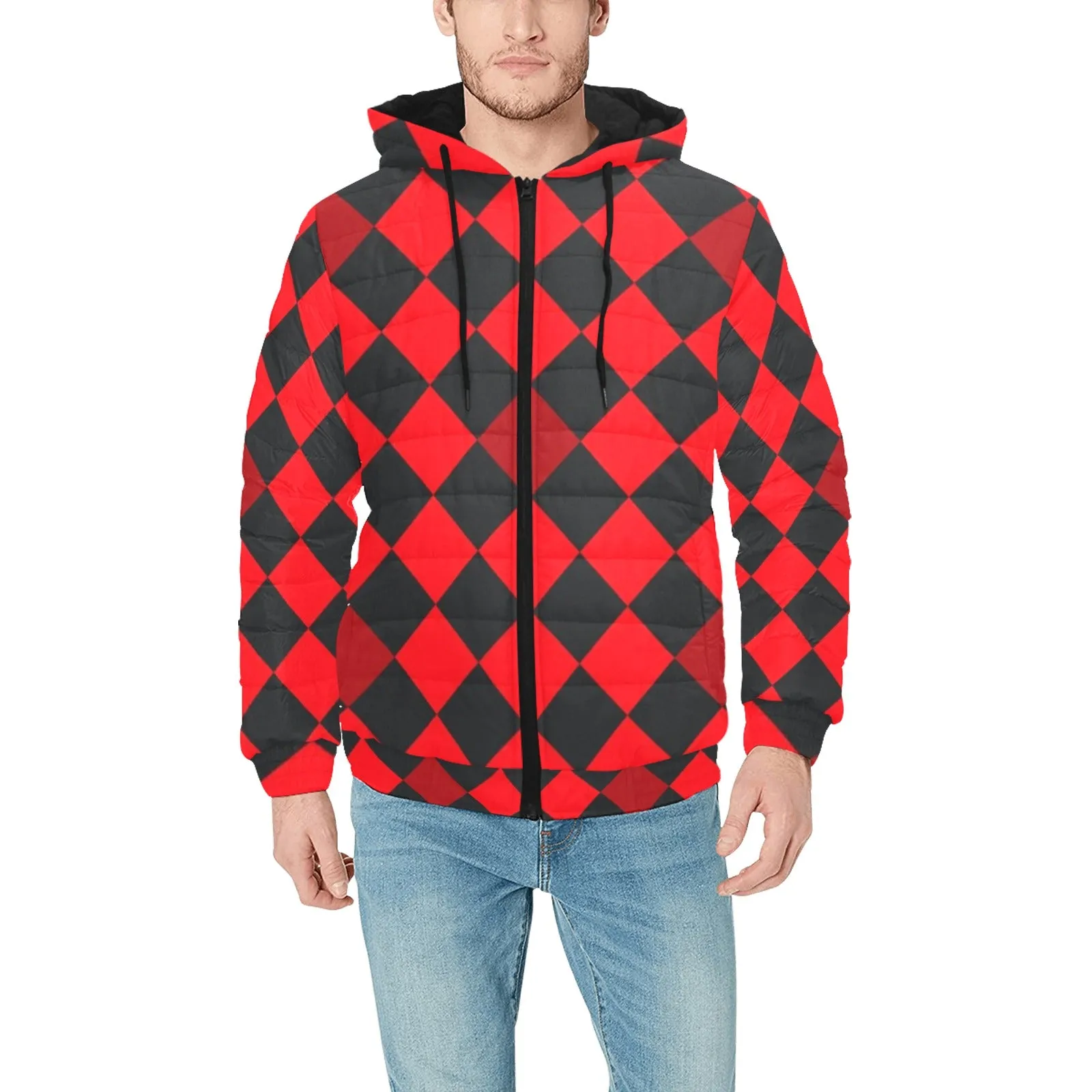 red black diamond print 2 Men's Padded Hooded Jacket (Model H42)