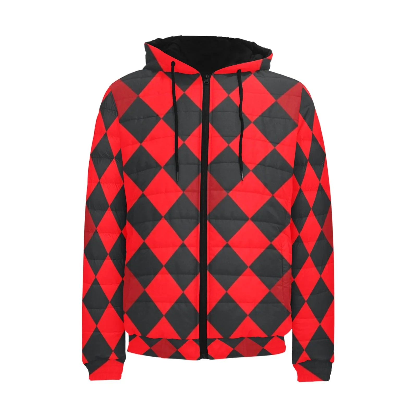 red black diamond print 2 Men's Padded Hooded Jacket (Model H42)