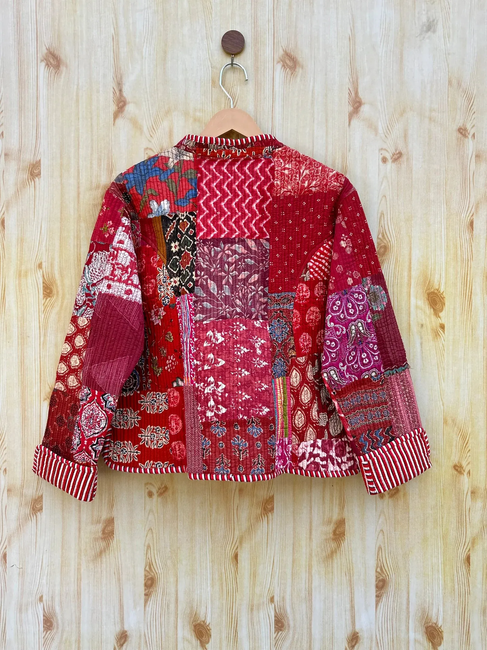 Red Kantha Fabric Reversible Handmade Block Print Quilted Jacket