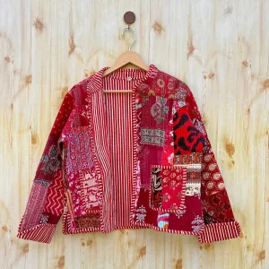 Red Kantha Fabric Reversible Handmade Block Print Quilted Jacket