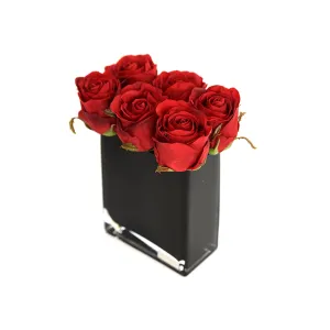 Red Rose Buds in Black Rectangle Vase