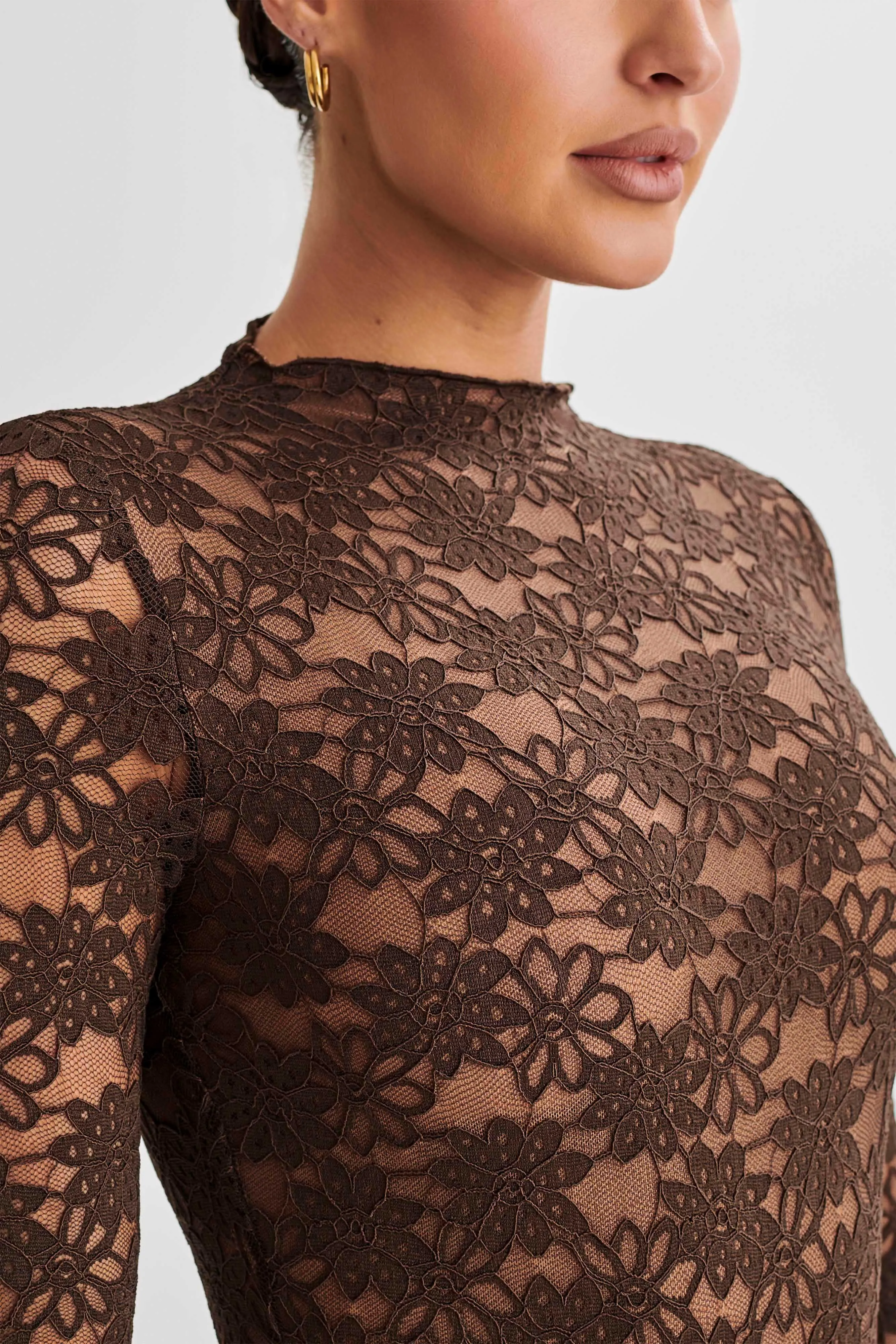 Renata Lace Long Sleeve Bodysuit - Chocolate