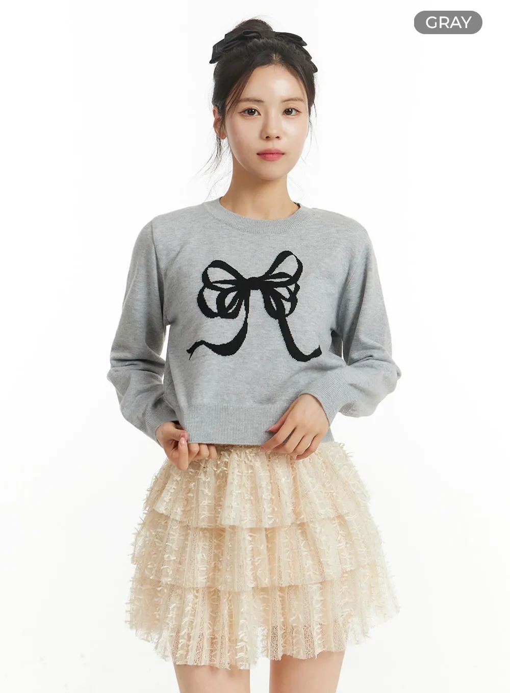 Ribbon Graphic Sweater Crop Top OM404