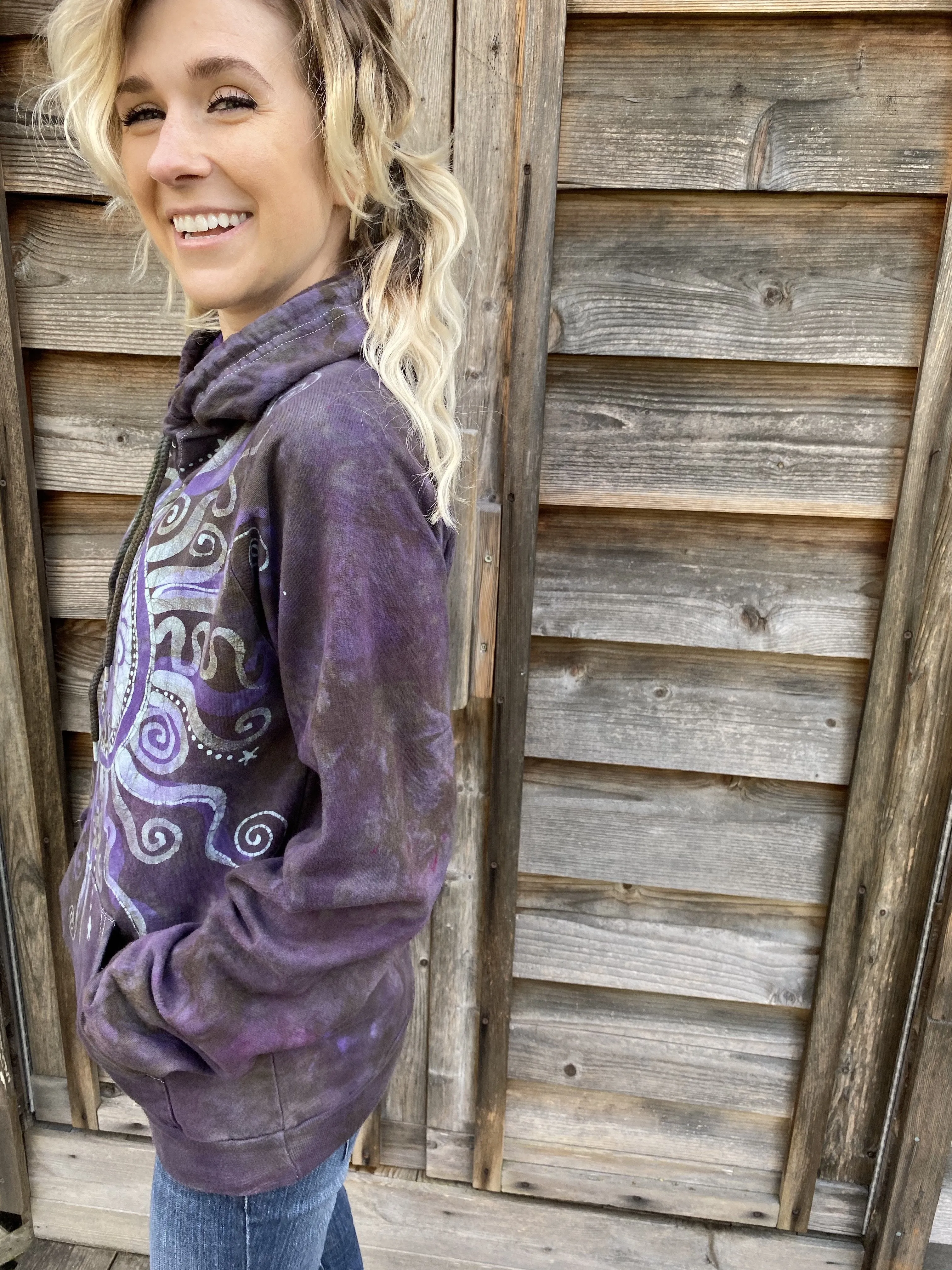 Sage Purple Tree Pullover Batik Hoodie - Handcrafted In Organic Cotton