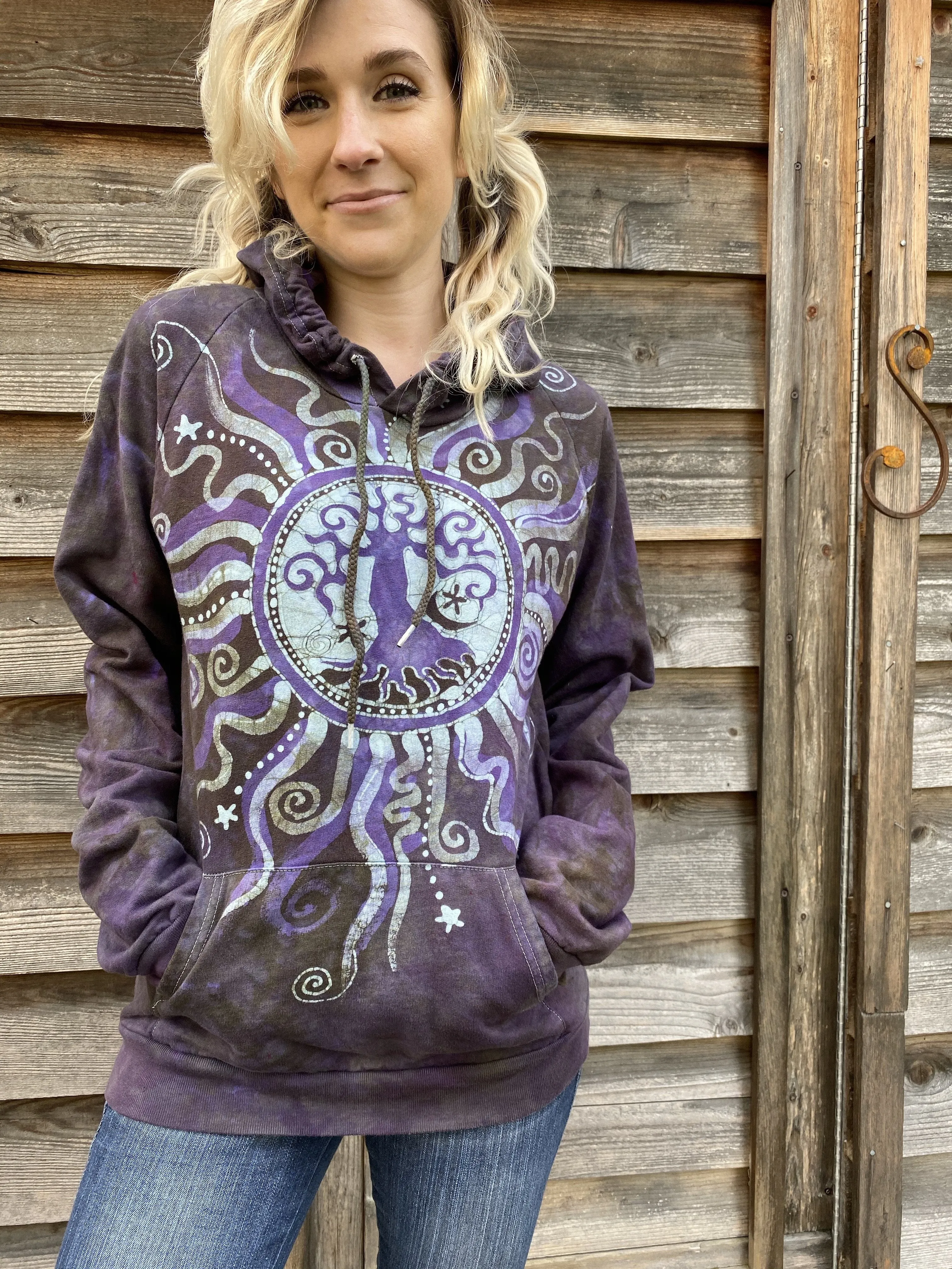 Sage Purple Tree Pullover Batik Hoodie - Handcrafted In Organic Cotton