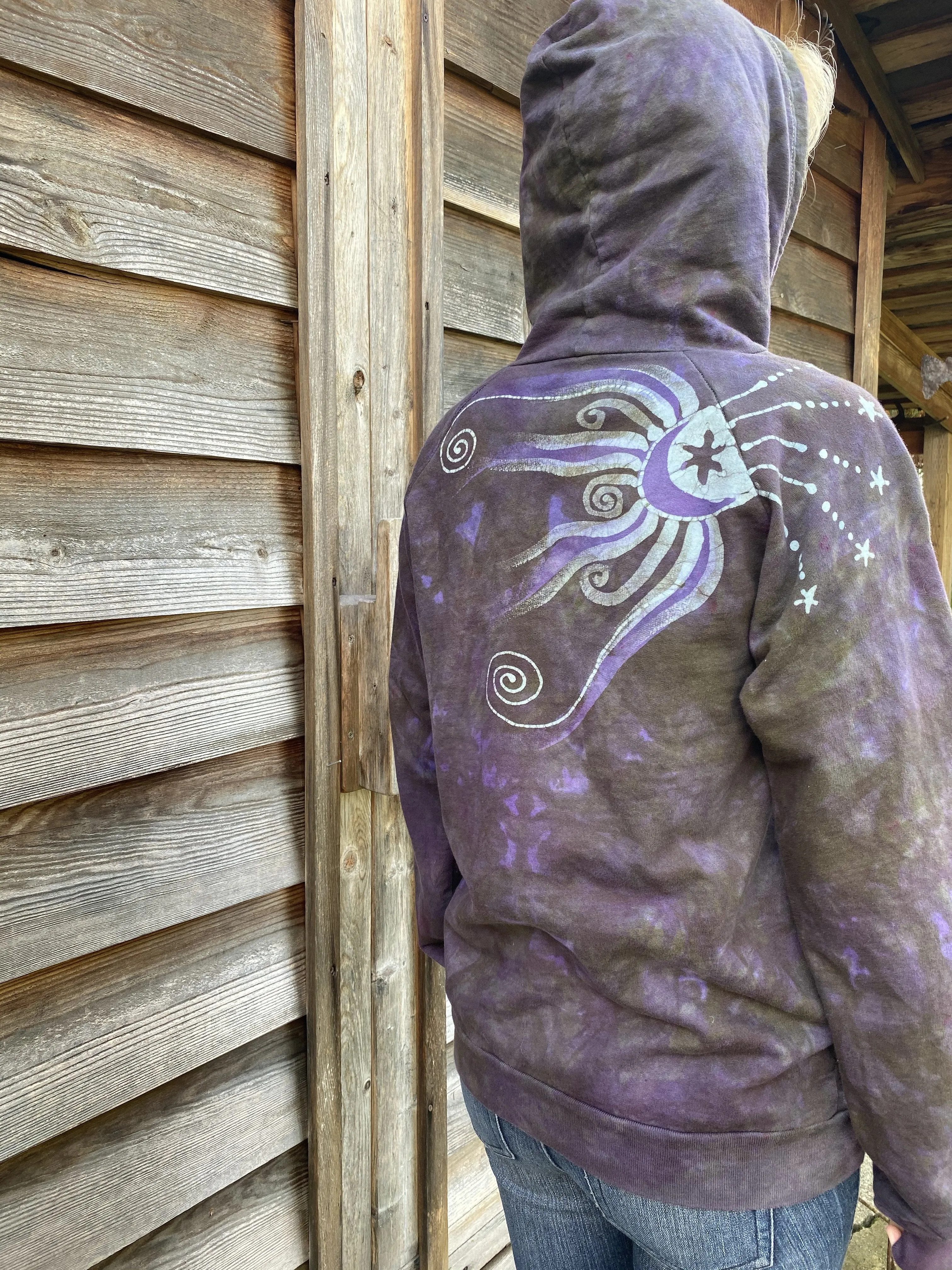 Sage Purple Tree Pullover Batik Hoodie - Handcrafted In Organic Cotton