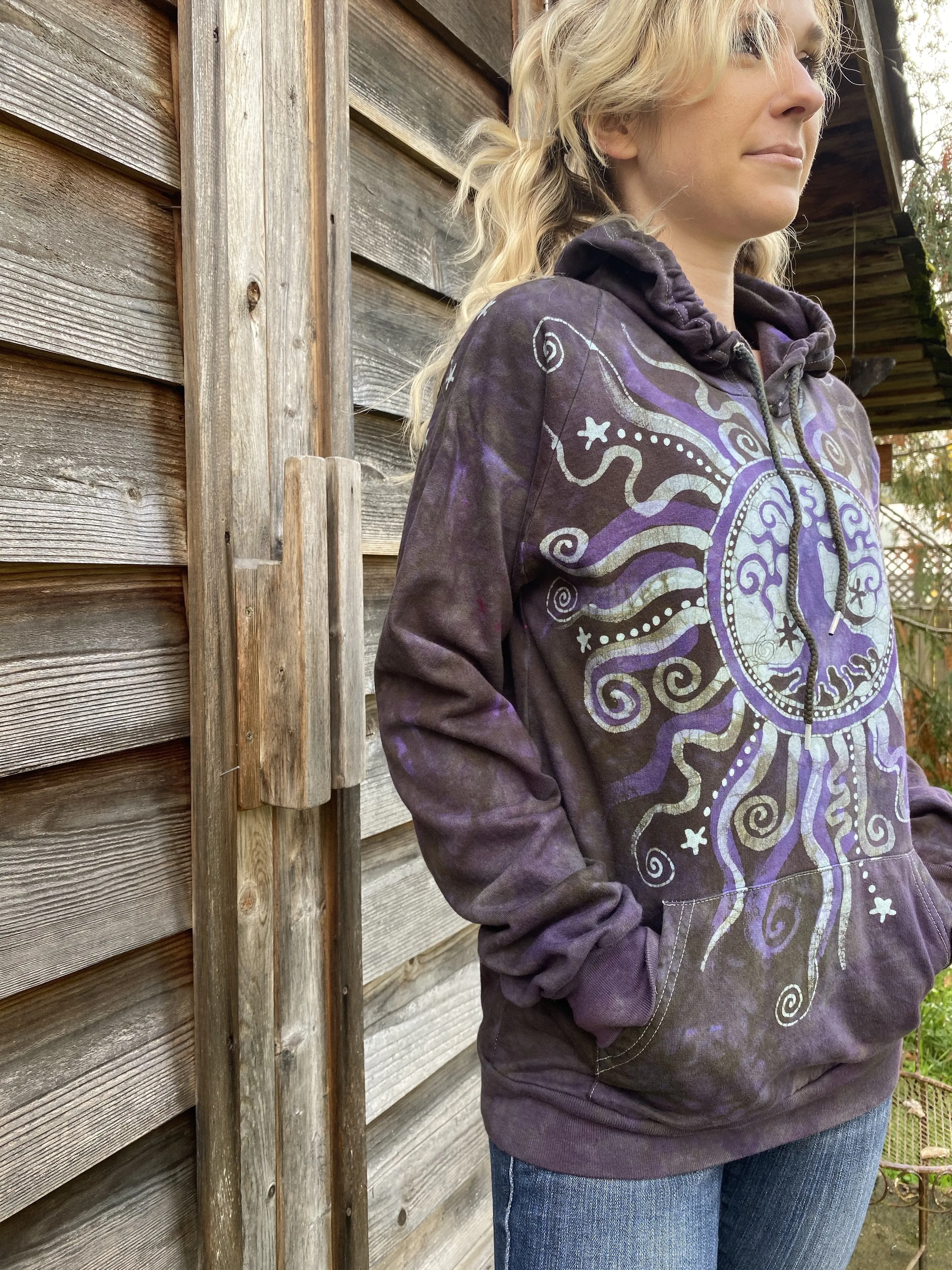 Sage Purple Tree Pullover Batik Hoodie - Handcrafted In Organic Cotton