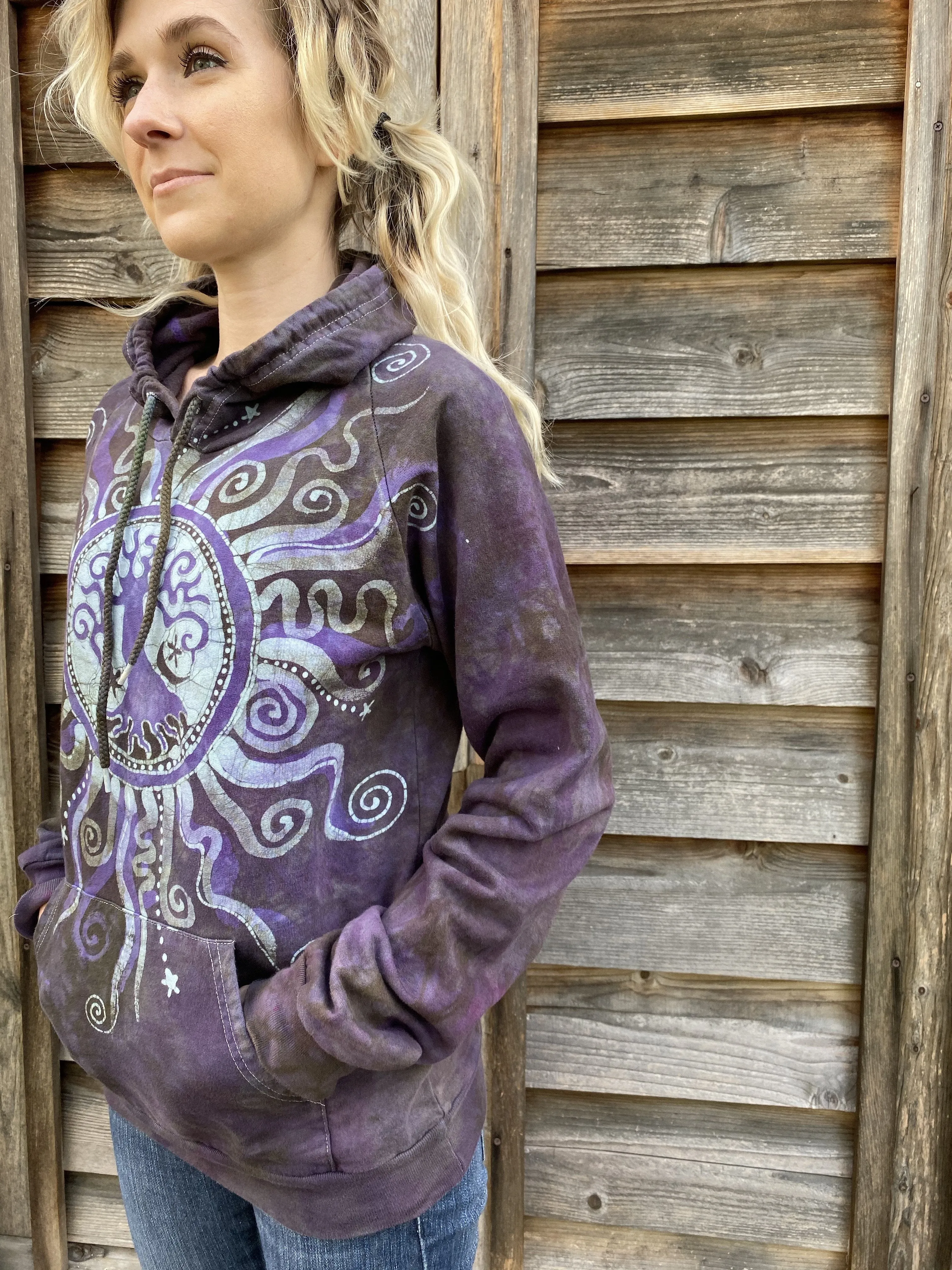 Sage Purple Tree Pullover Batik Hoodie - Handcrafted In Organic Cotton