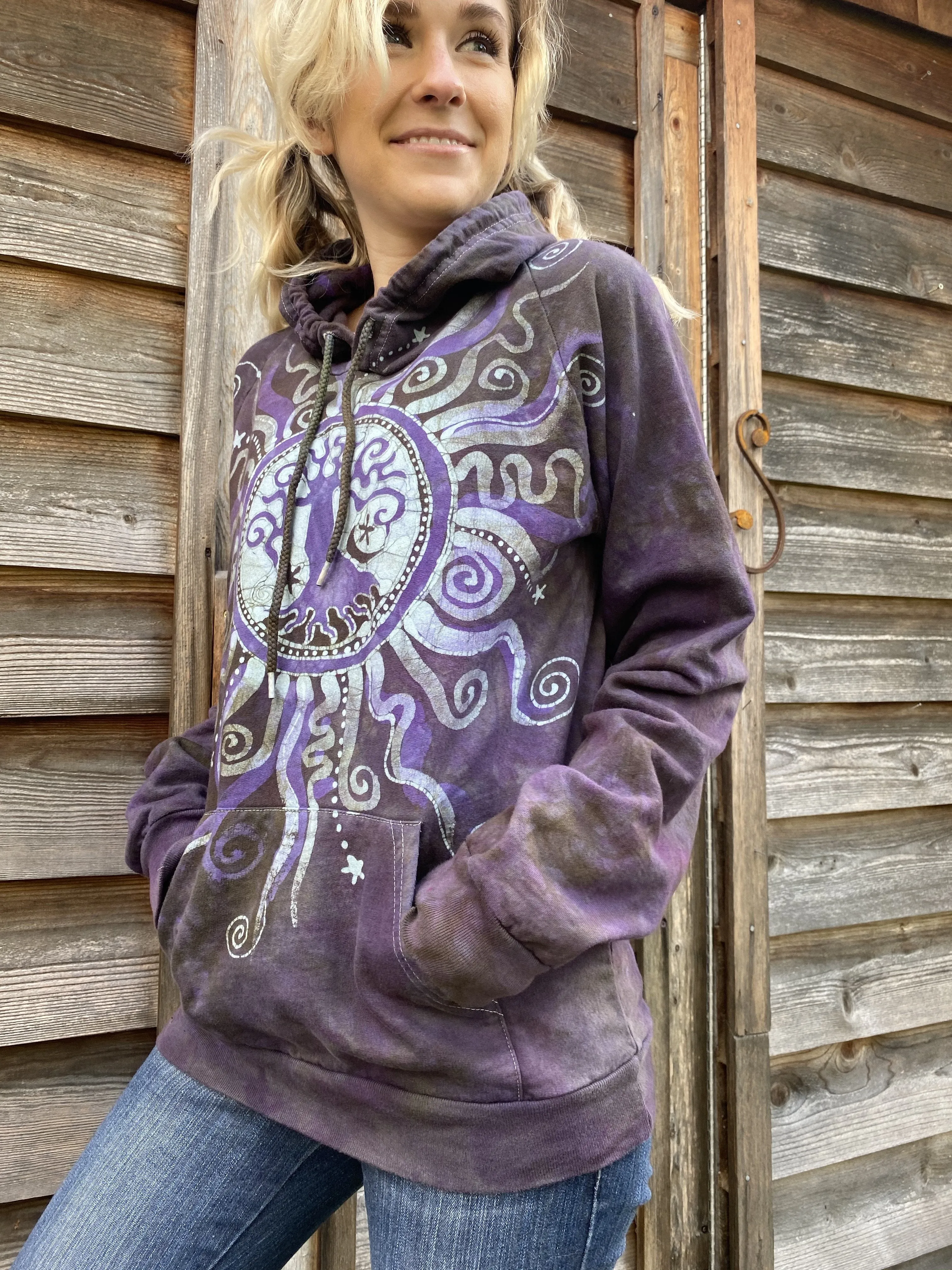 Sage Purple Tree Pullover Batik Hoodie - Handcrafted In Organic Cotton