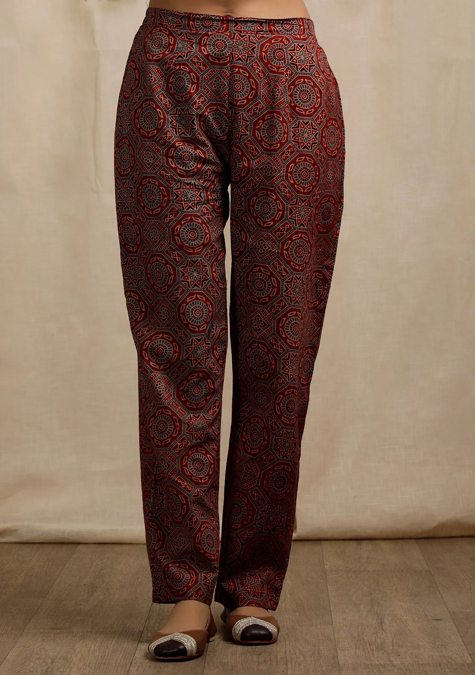 Set of 2: Red Ajrakh Print Flaredand Gathered Kurta with Pockets and red Ajrakh Print Straight Pants