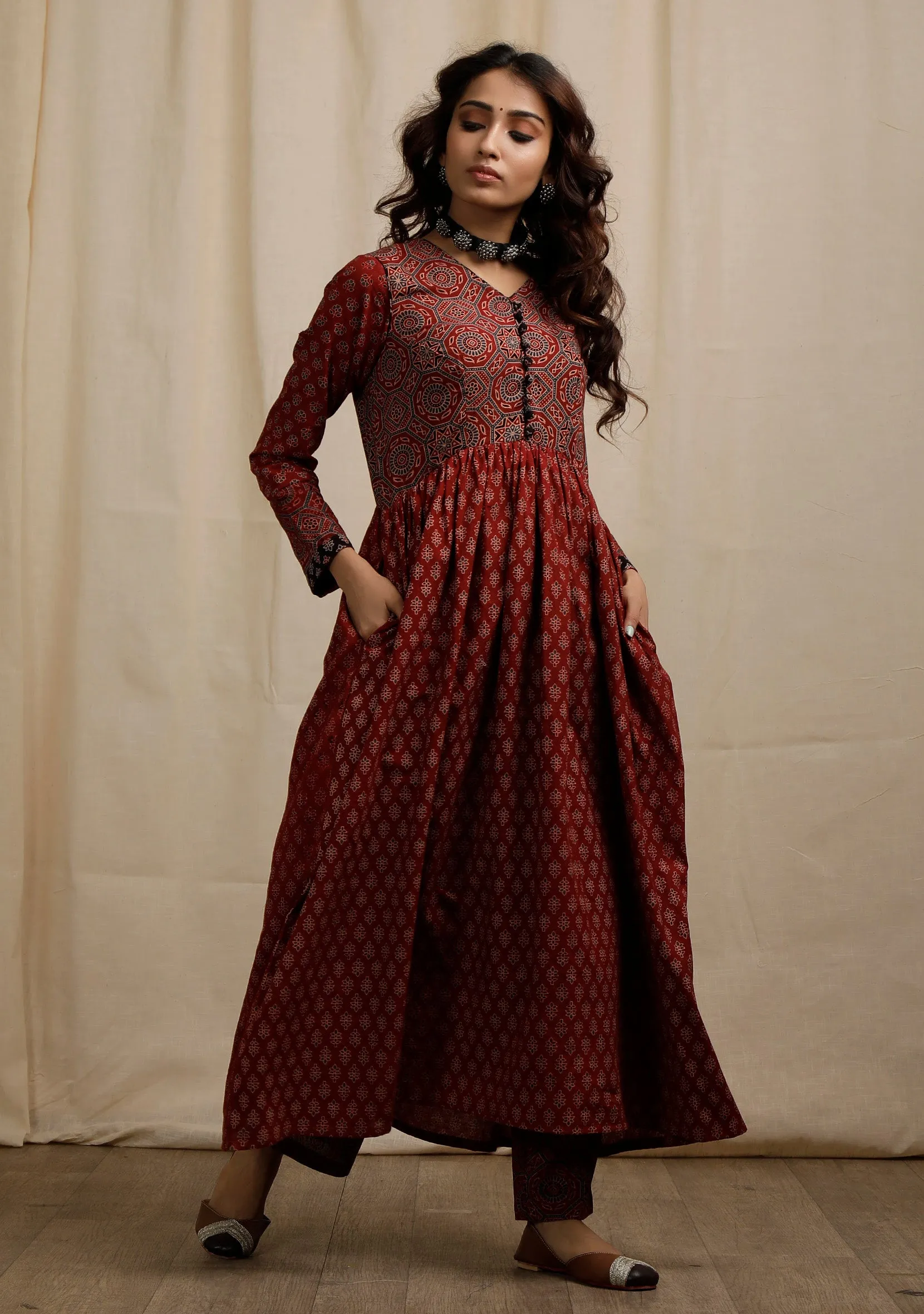 Set of 2: Red Ajrakh Print Flaredand Gathered Kurta with Pockets and red Ajrakh Print Straight Pants