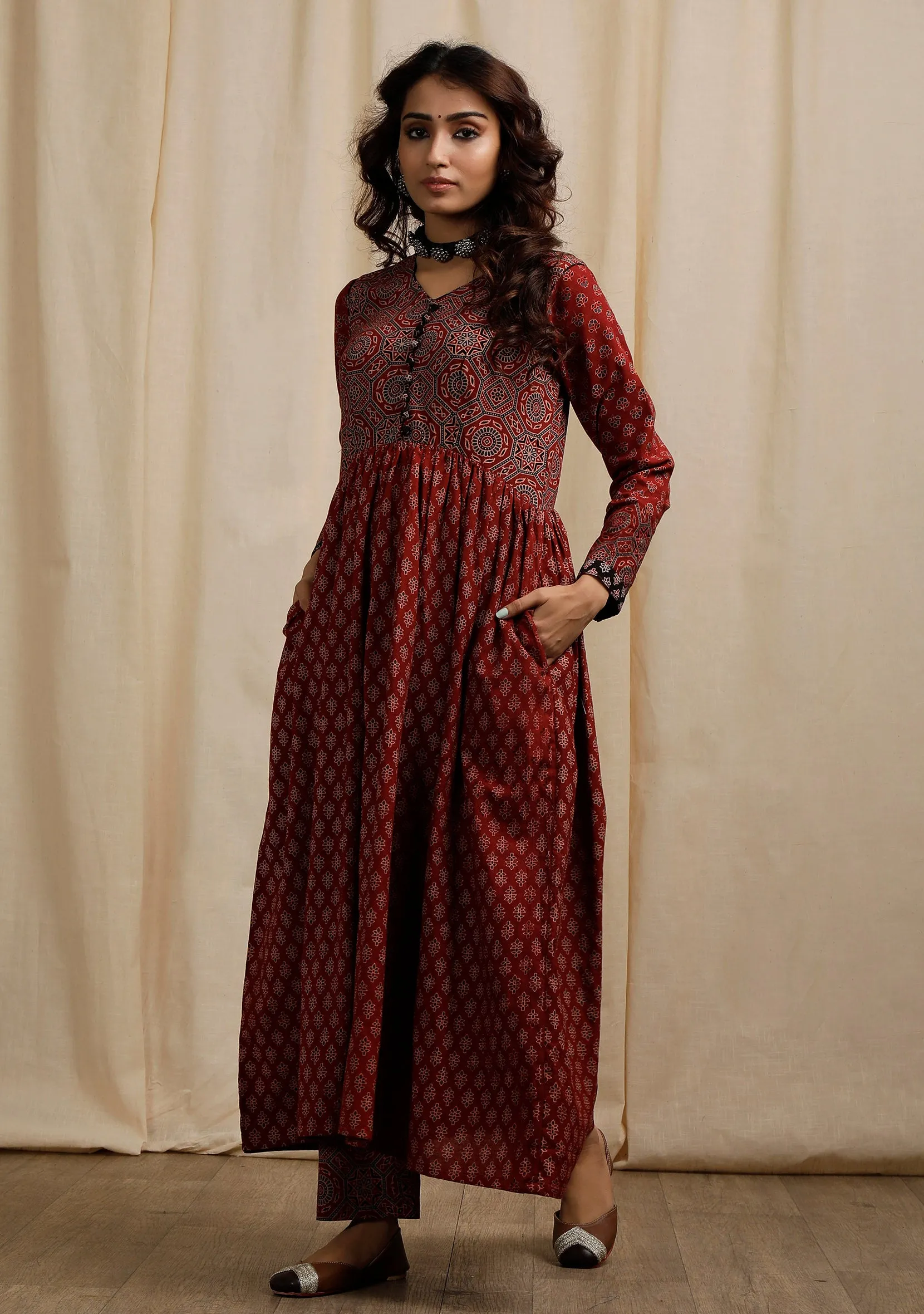 Set of 2: Red Ajrakh Print Flaredand Gathered Kurta with Pockets and red Ajrakh Print Straight Pants