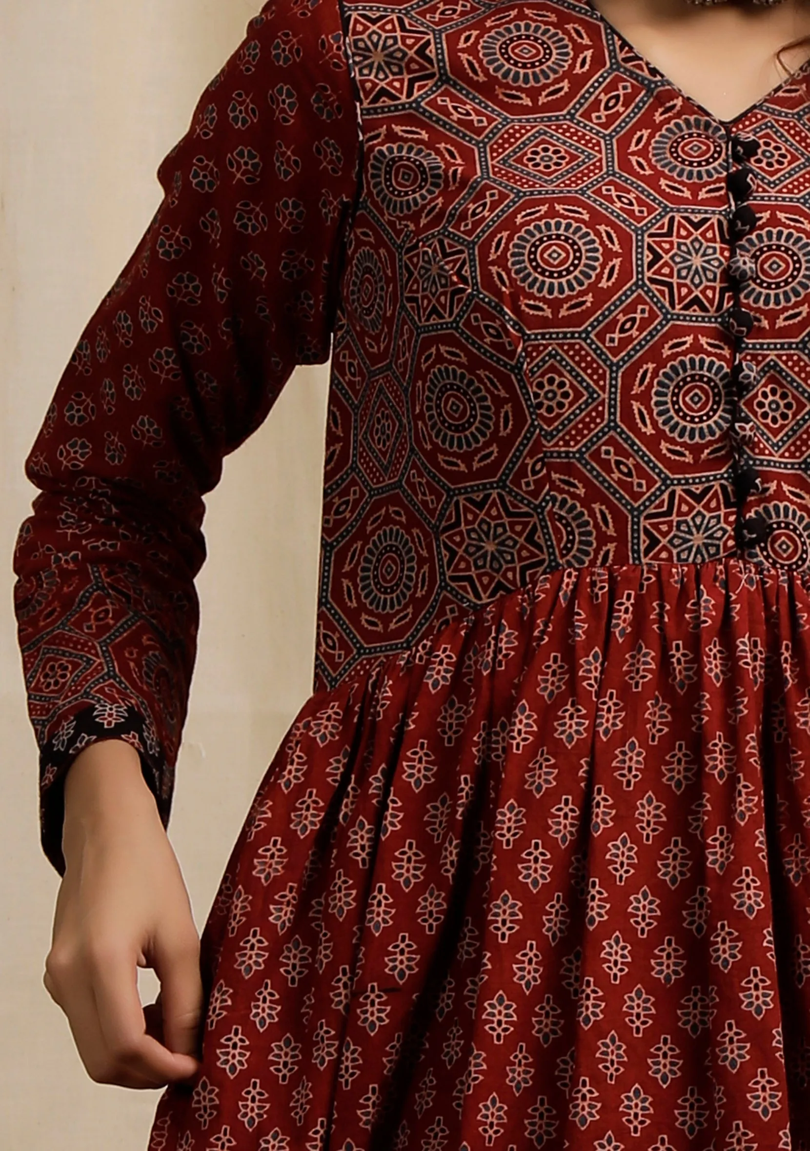 Set of 2: Red Ajrakh Print Flaredand Gathered Kurta with Pockets and red Ajrakh Print Straight Pants