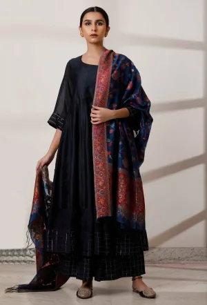 Set of 3: Black Kalidar Kurta with Palazzo with Blue Kani Dupatta