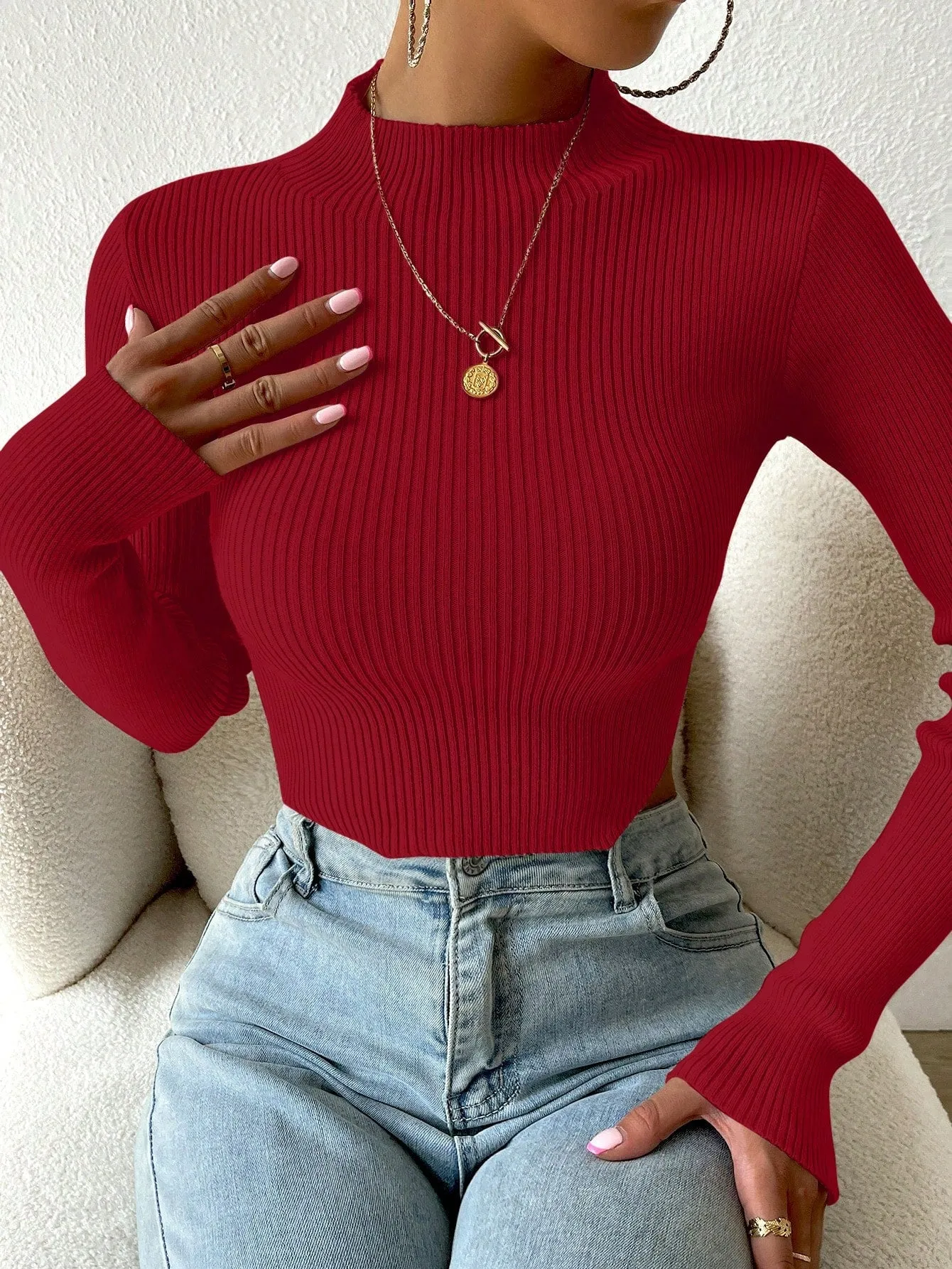 SHEIN Priv̩ Mock Neck Ribbed Knit Crop Sweater