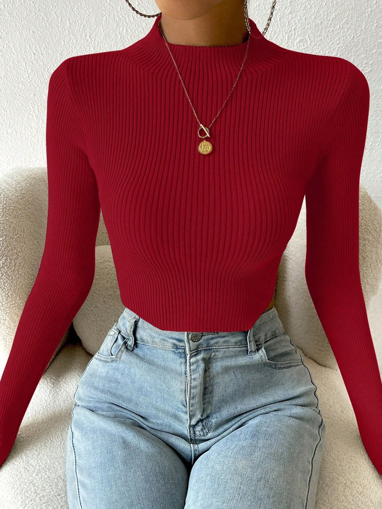 SHEIN Priv̩ Mock Neck Ribbed Knit Crop Sweater