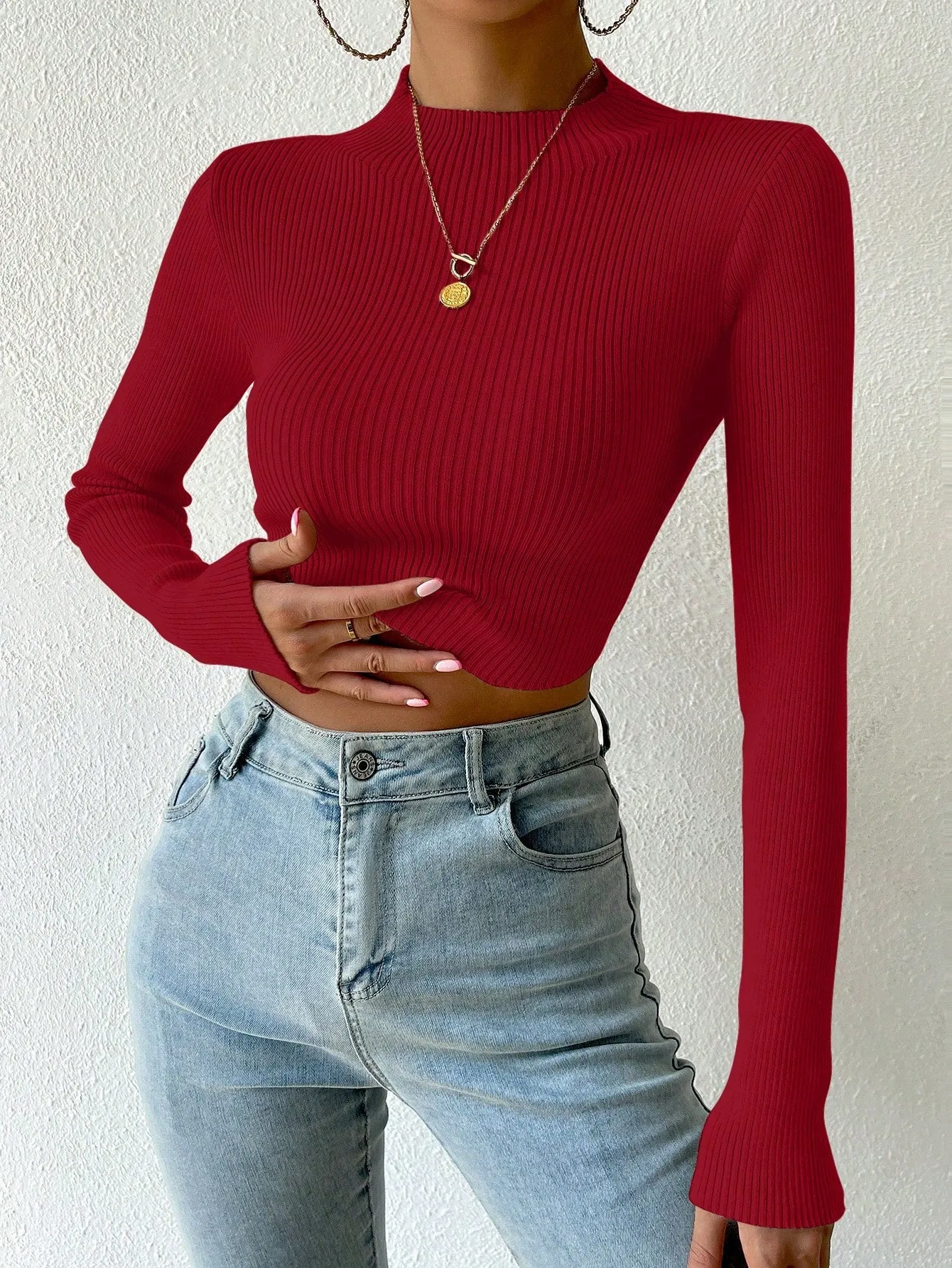 SHEIN Priv̩ Mock Neck Ribbed Knit Crop Sweater