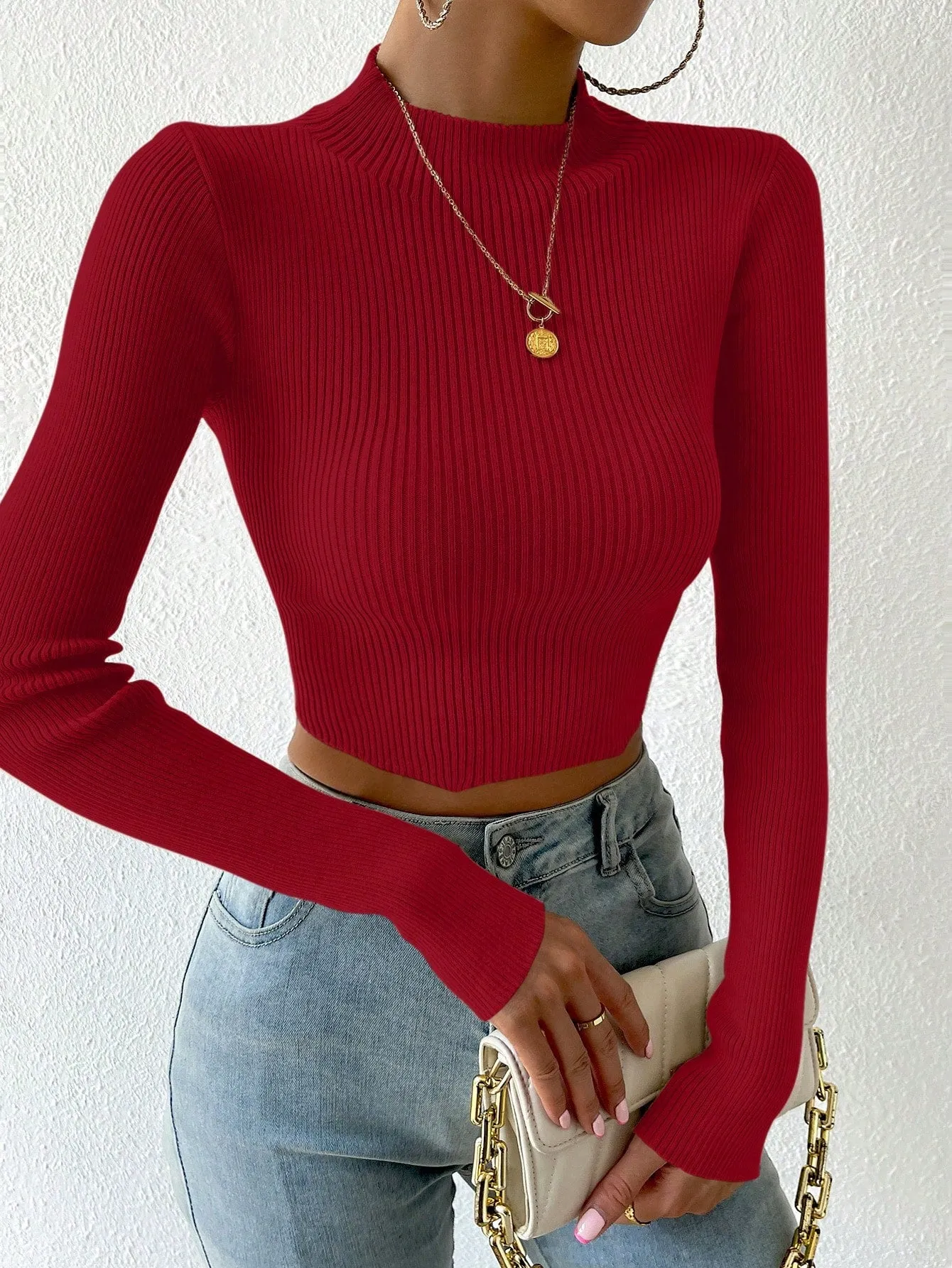 SHEIN Priv̩ Mock Neck Ribbed Knit Crop Sweater