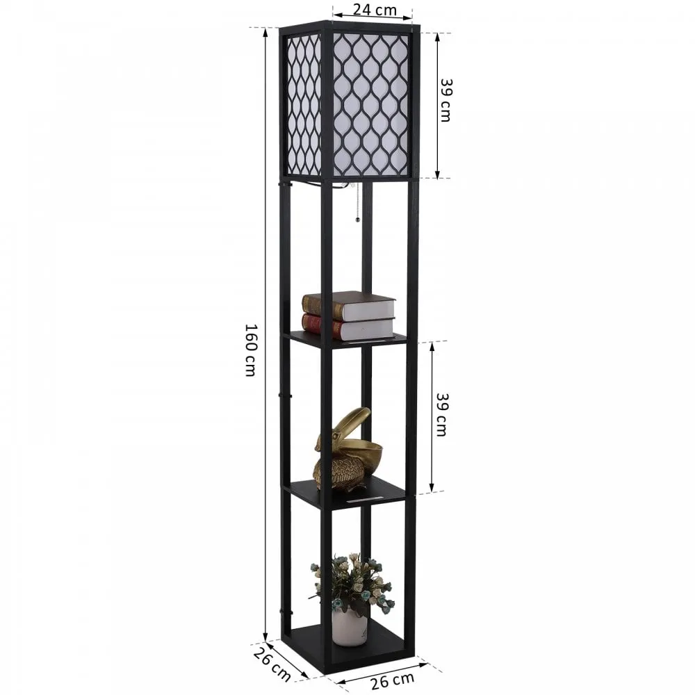 Shelf Floor Lamp 4-tier Open Shelves Wooden, 26L x 26W x 160Hcm - Black/White