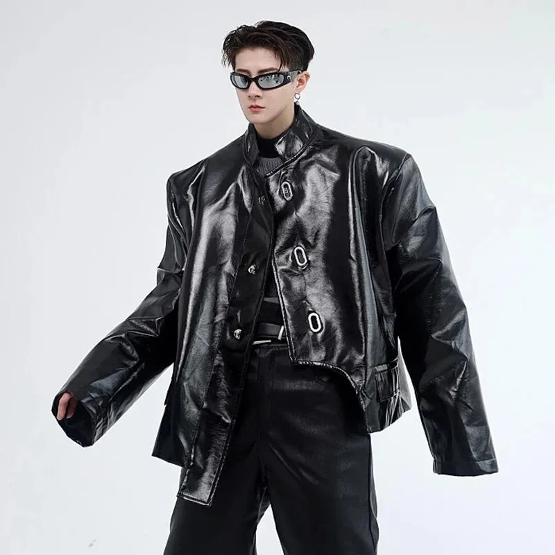 Short PU Leather Jacket Chinese Style Stand Collar Liquid Men's Coat Casual Solid Color Trend Long Sleeve 9C5228