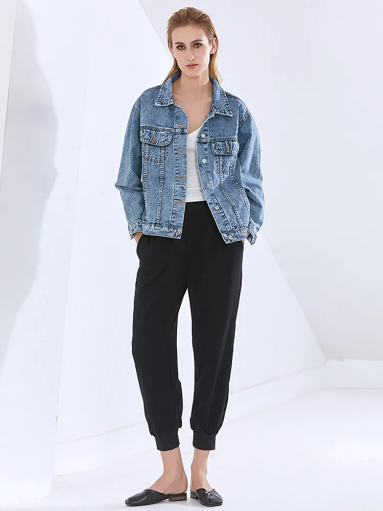 Single Breasted Denim Jacket For Women Lapel Long Sleeve Single Breasted Solid Minimalist Jackets Female Autumn