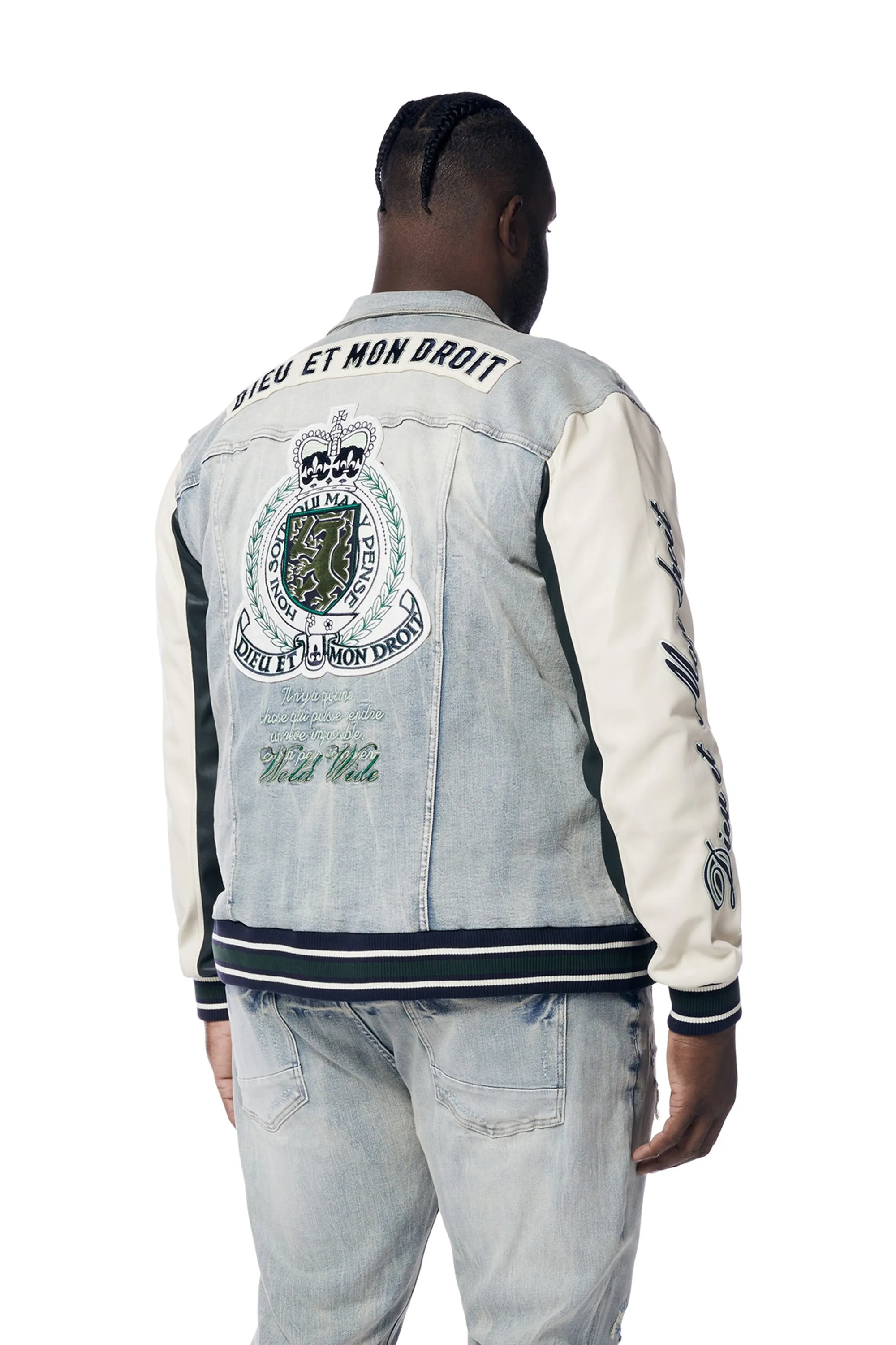 Smoke Rise Men's Preppy Crest Embroidered Denim Jacket