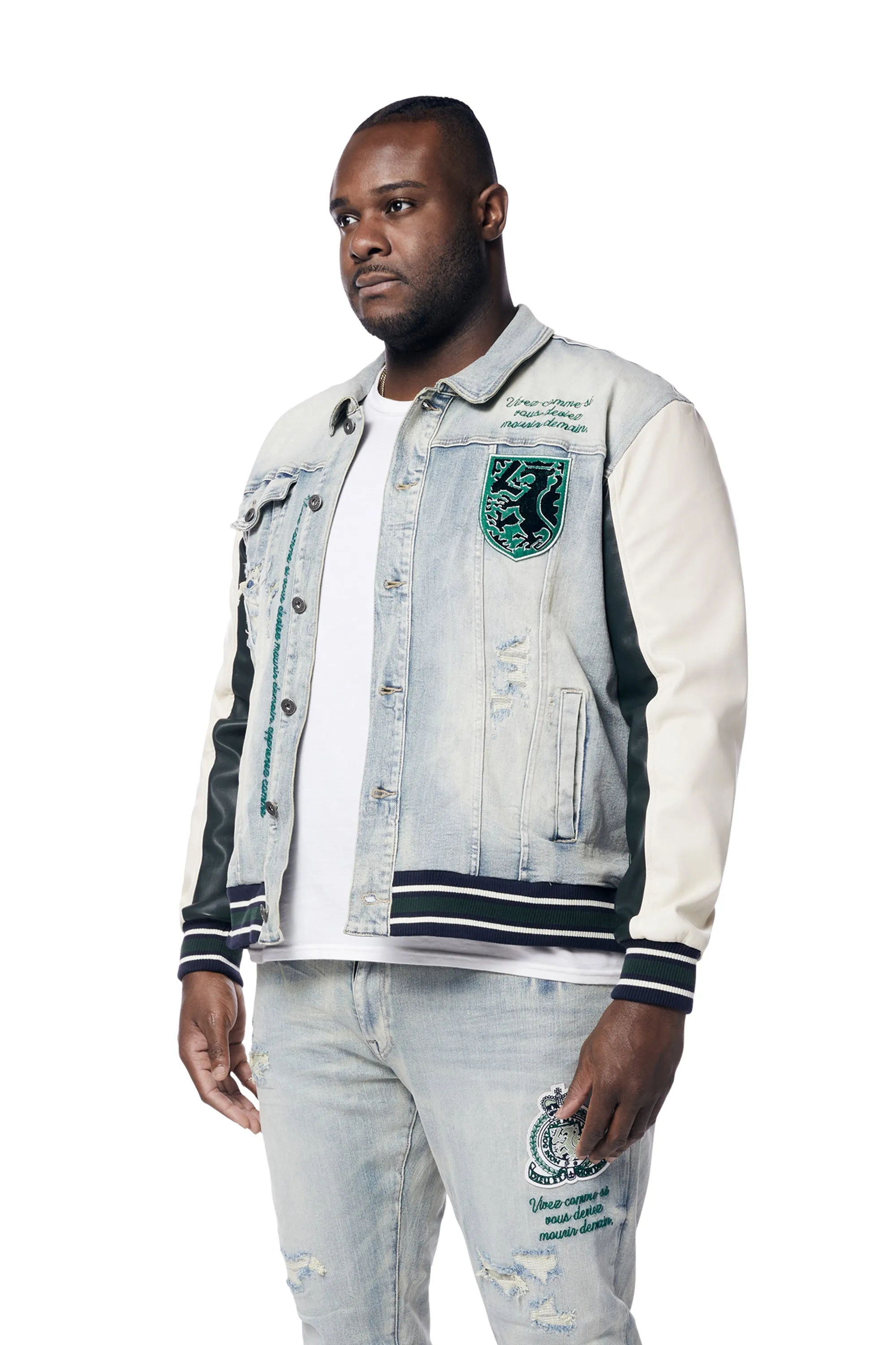 Smoke Rise Men's Preppy Crest Embroidered Denim Jacket