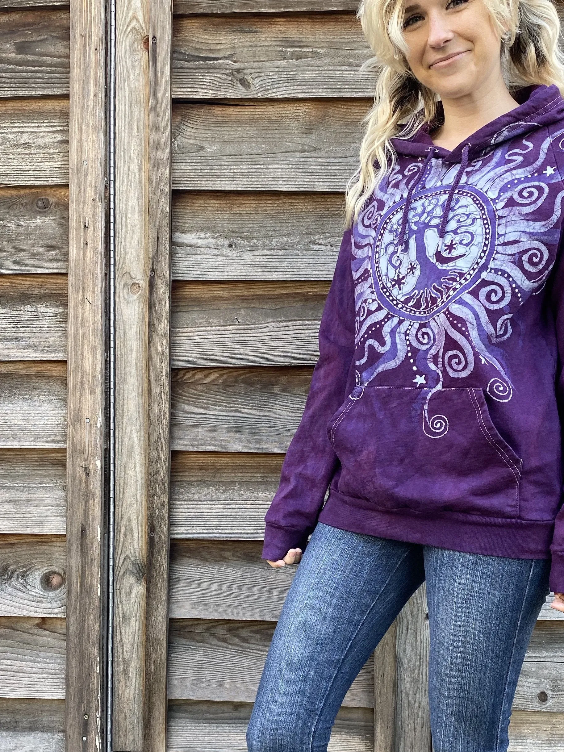 Smoky Magenta Tree Pullover Batik Hoodie - Organic Cotton - Size Small ONLY