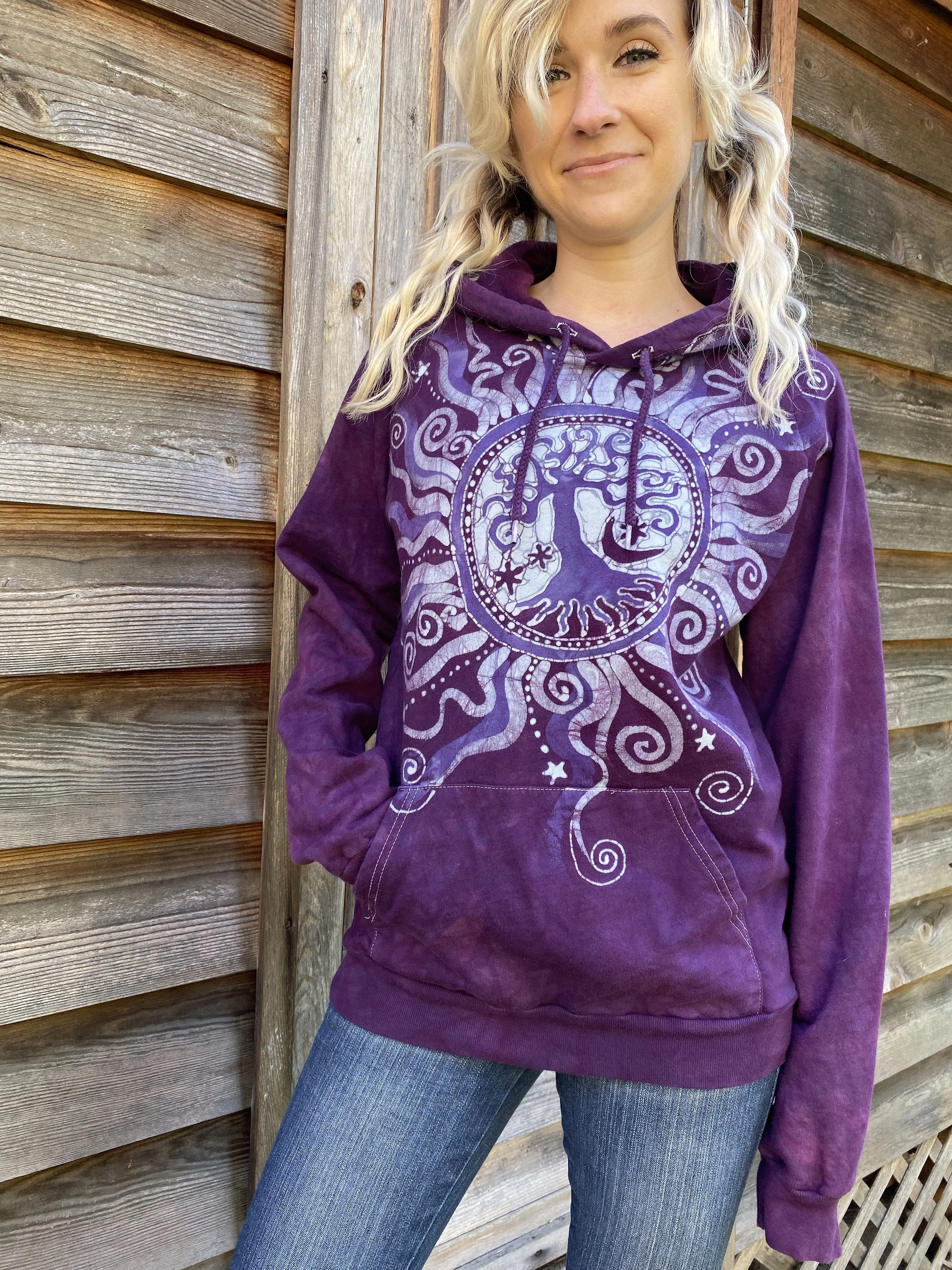 Smoky Magenta Tree Pullover Batik Hoodie - Organic Cotton - Size Small ONLY