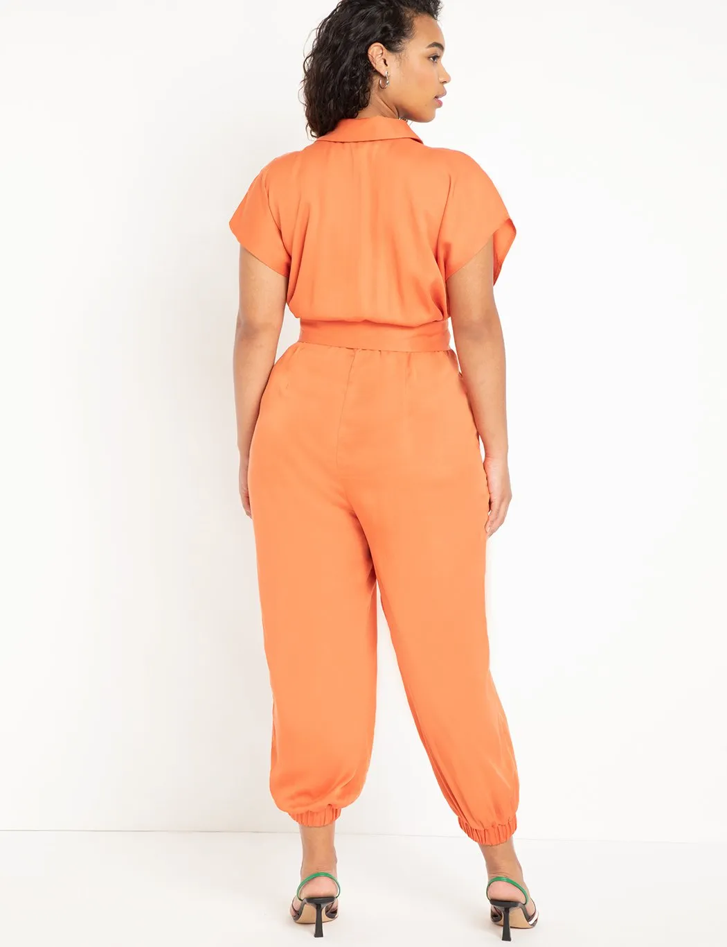 Soft Collared Jumpsuit With Cuffed Leg in Orange