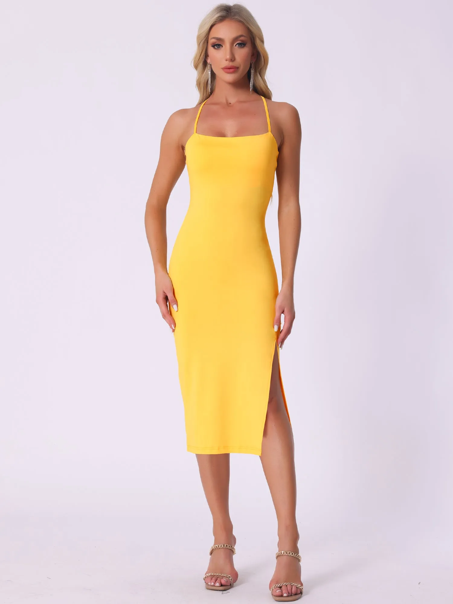 Spaghetti Strap Sleeveless Slit Bodycon Cocktail Midi Dress