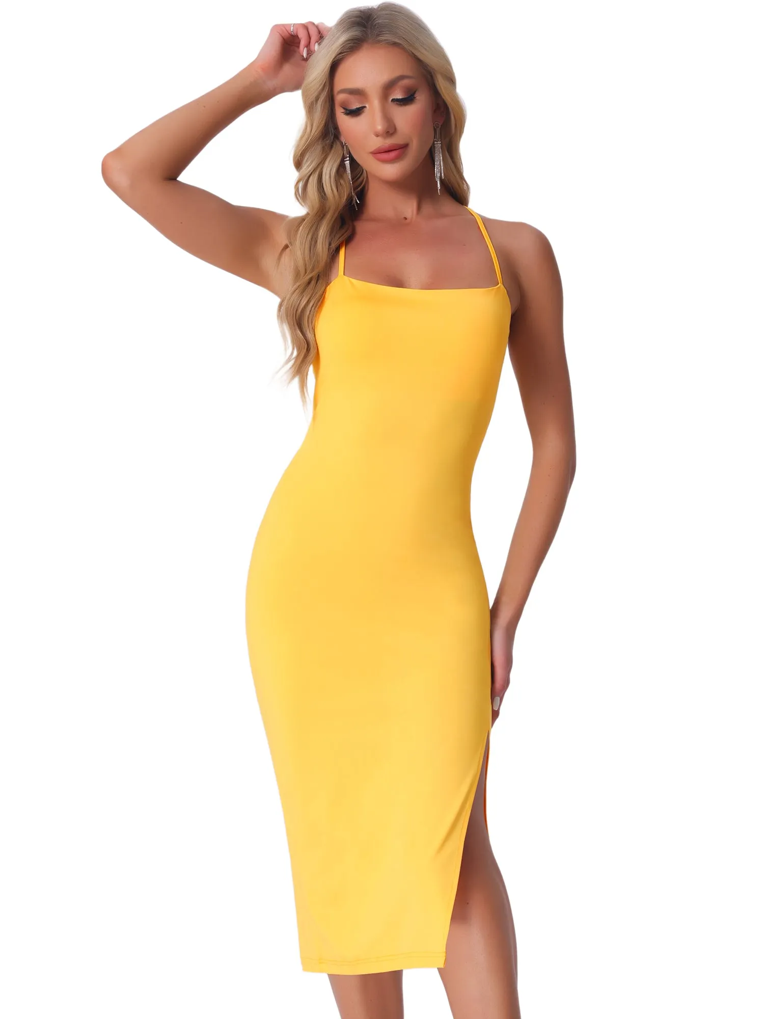 Spaghetti Strap Sleeveless Slit Bodycon Cocktail Midi Dress