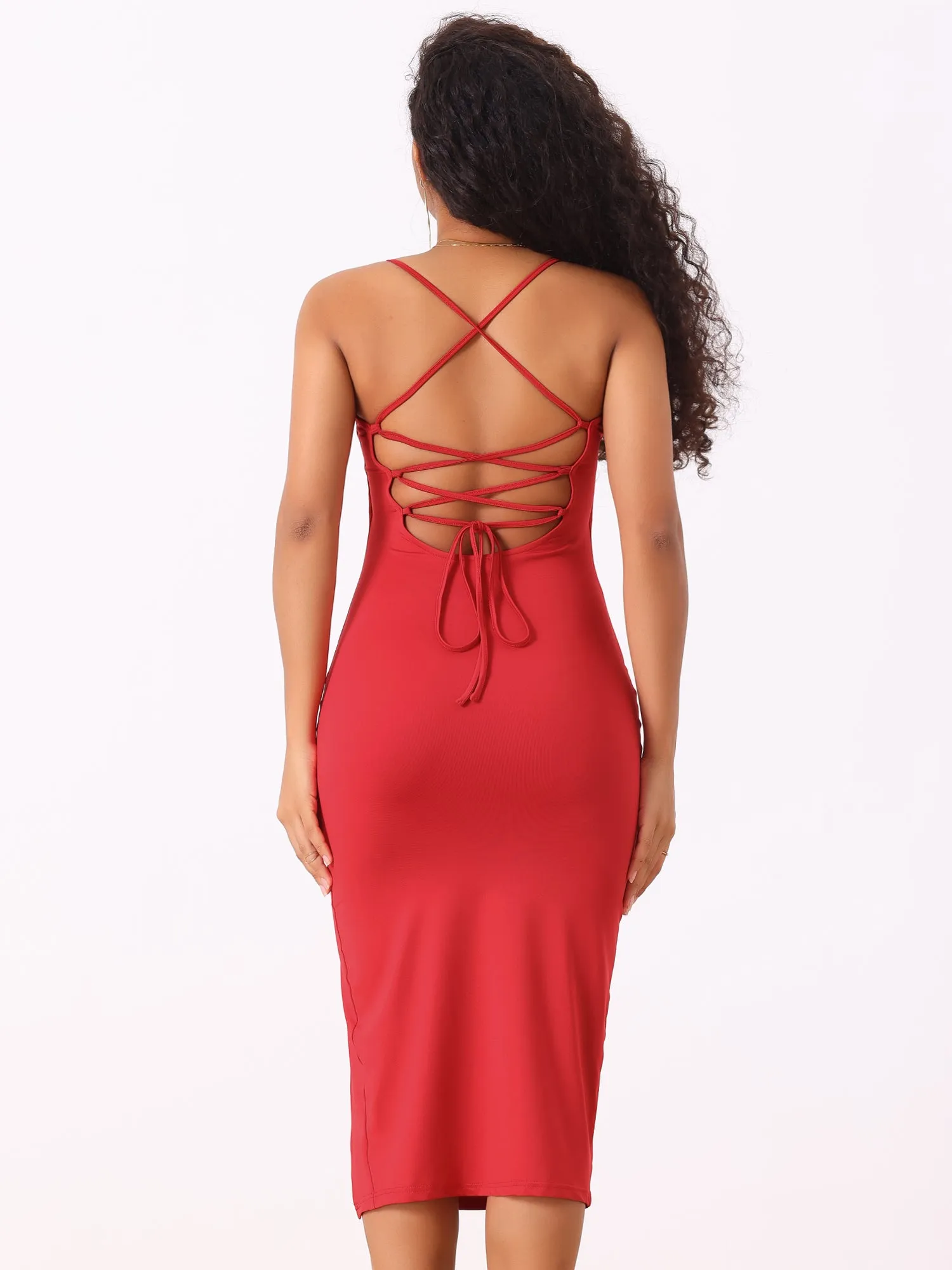 Spaghetti Strap Sleeveless Slit Bodycon Cocktail Midi Dress