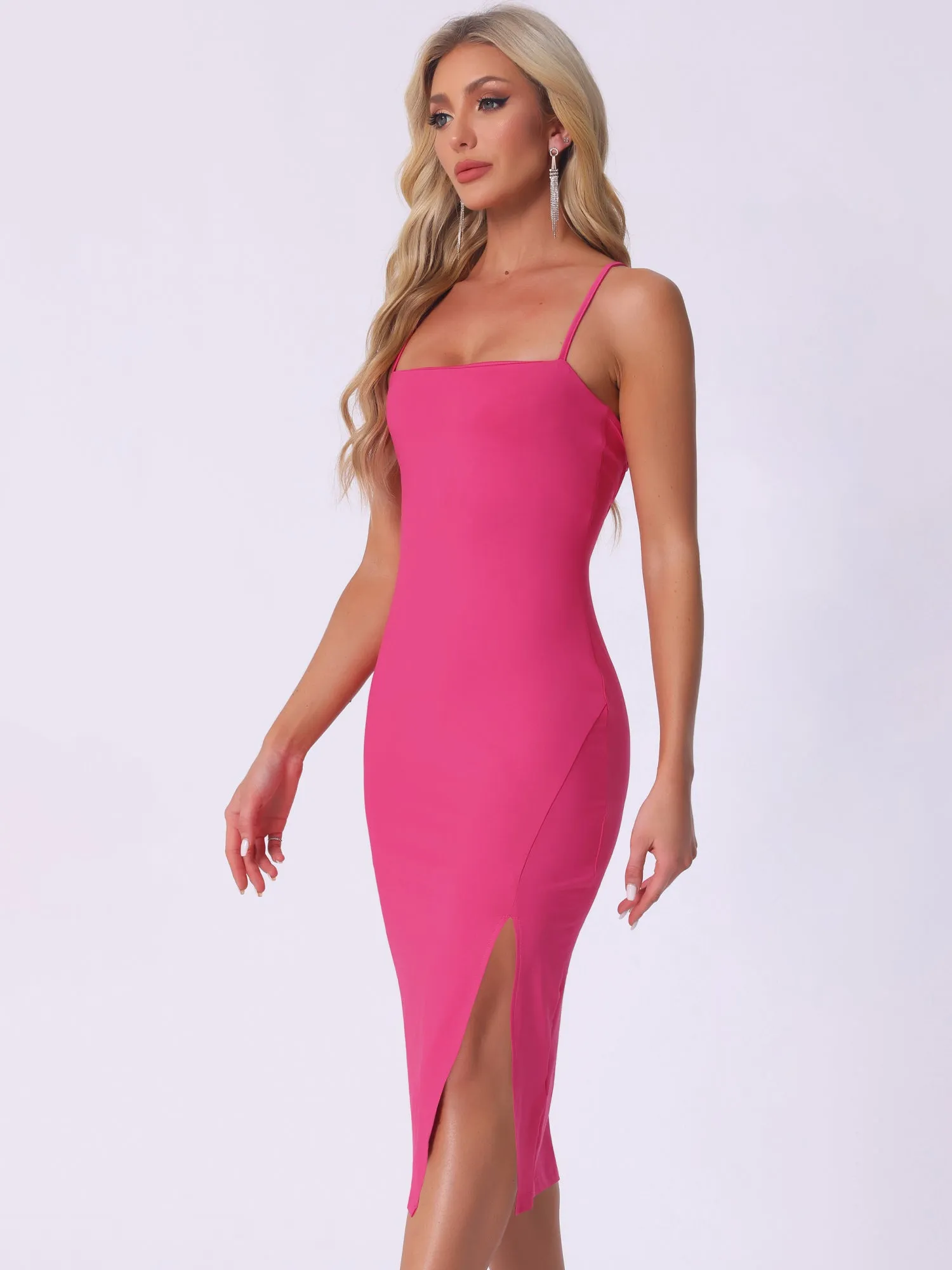 Spaghetti Strap Sleeveless Slit Bodycon Cocktail Midi Dress