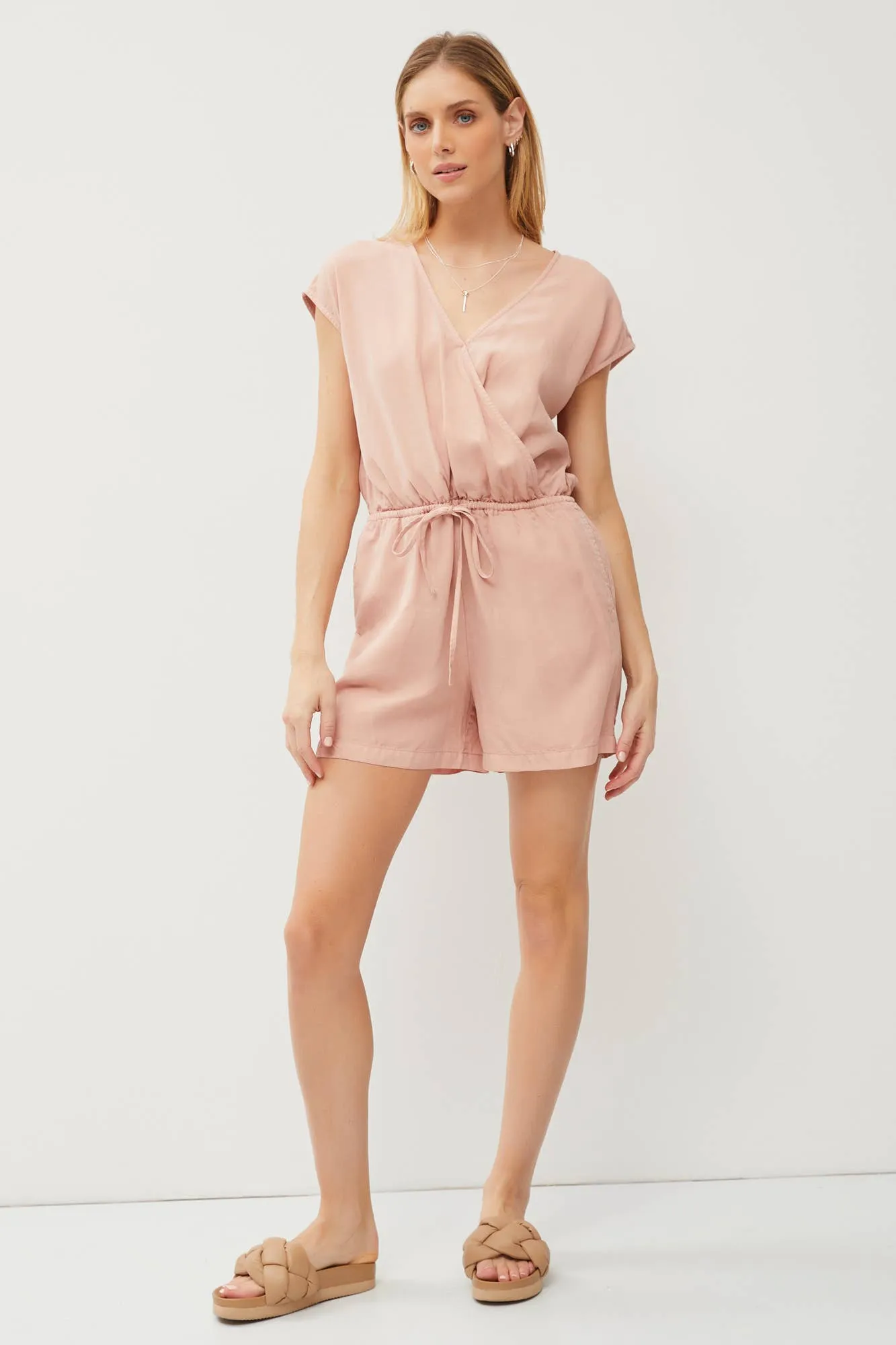 SURPLICE DRAWSTRING SHORT SLEEVE TENCEL ROMPER