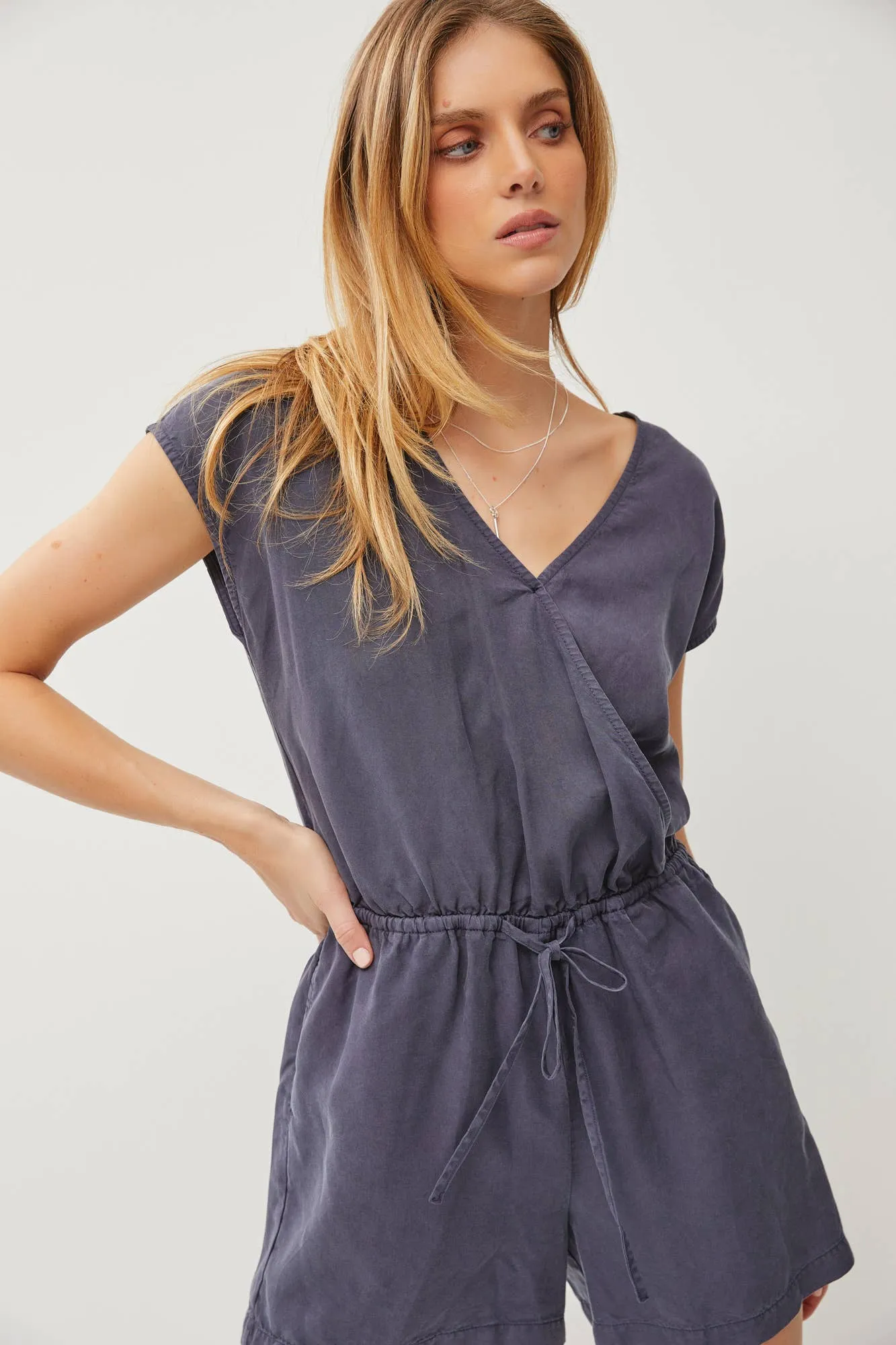 SURPLICE DRAWSTRING SHORT SLEEVE TENCEL ROMPER