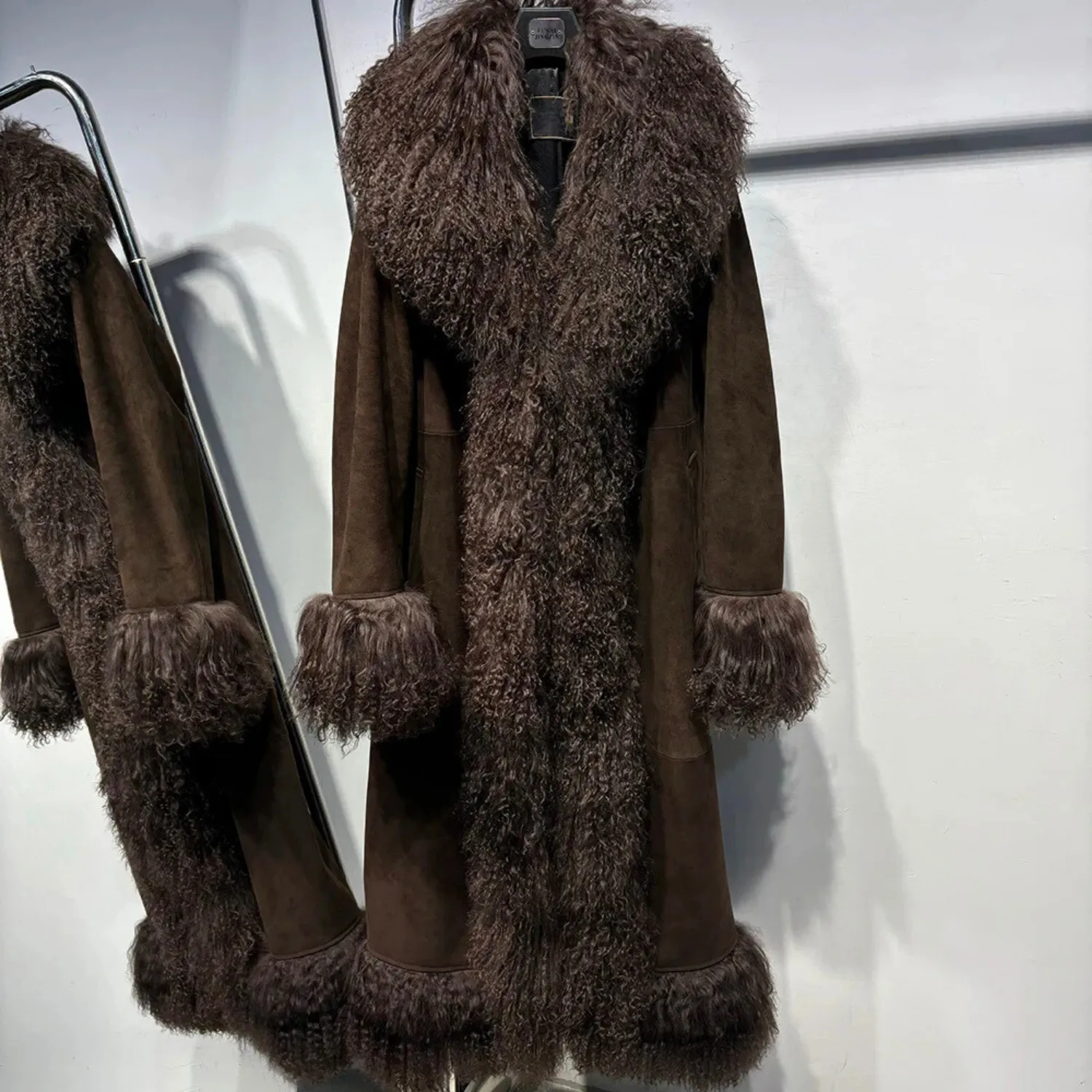 Tibetan Mongolian Lamb Fur Leather Long Coat