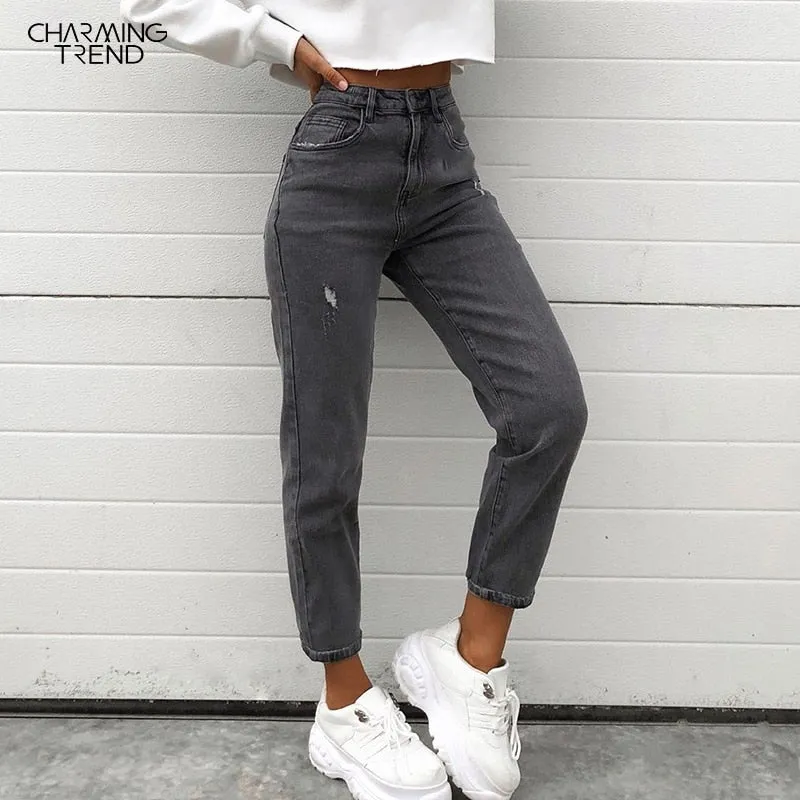 Tight Elastic Jeans Women's Feet Pants Nine Pants Distressed 2022 Autumn Winter Vintage High Waist Denim Trousers Women Gray