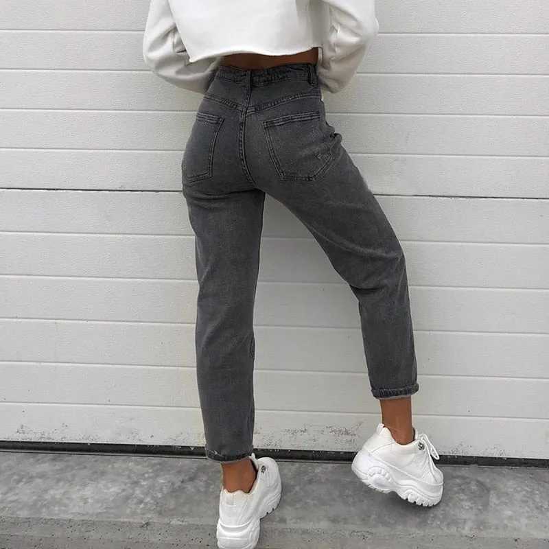 Tight Elastic Jeans Women's Feet Pants Nine Pants Distressed 2022 Autumn Winter Vintage High Waist Denim Trousers Women Gray