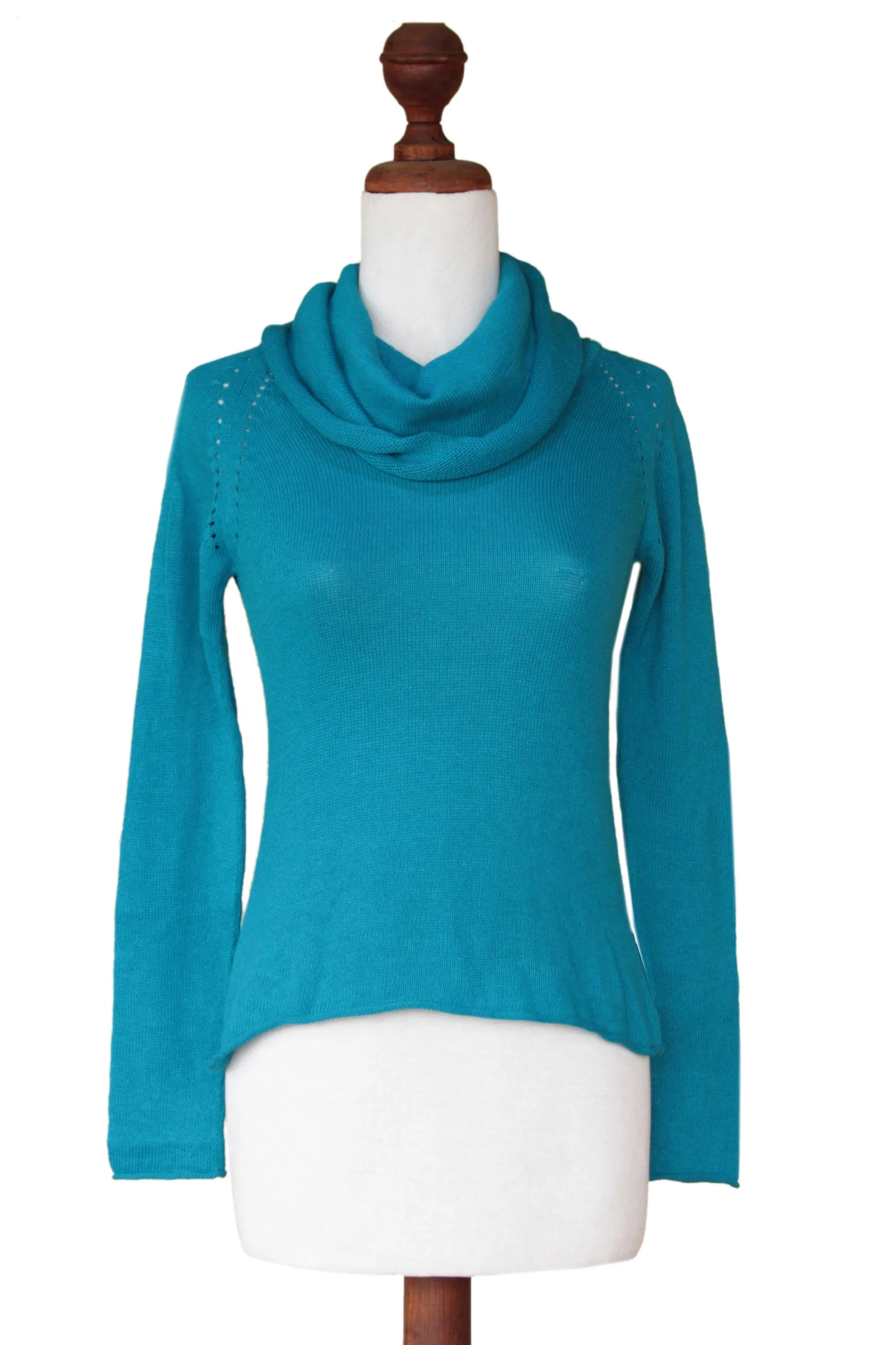 Turquoise Warmth Handcrafted Cotton Blend Cowl Neck Sweater