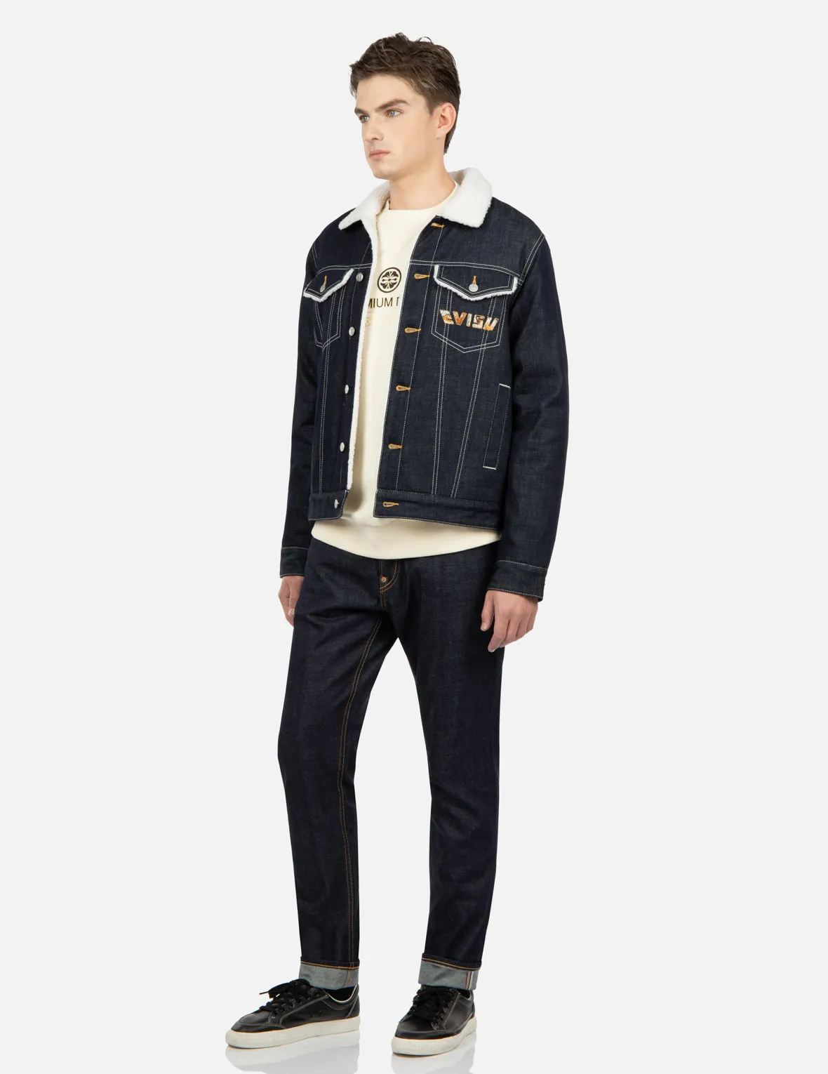 Two-Layer Brushstroke Daicock Sherpa-Lined Denim Jacket