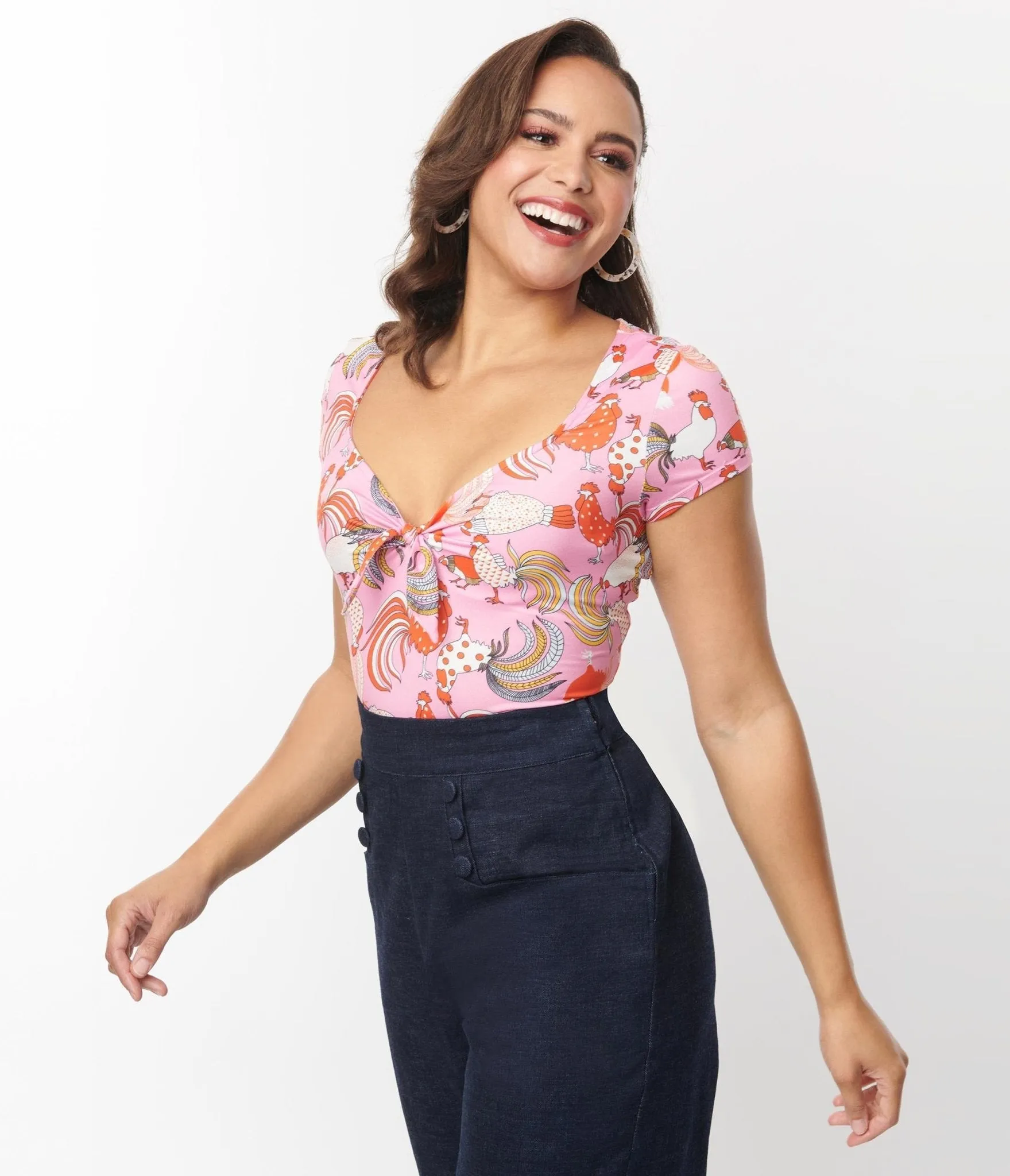 Unique Vintage Pink & Red Rooster Sweetheart Rosemary Top