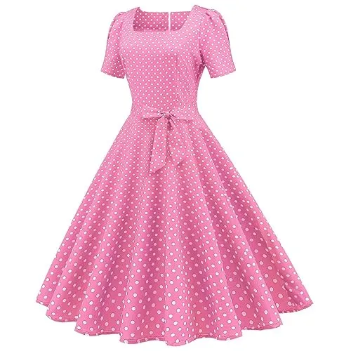 UNSERE Womens 2023 Trend Pink Princess Dresses Fashion Elegant Retro Halter Adult Bar-Bie Costume Formal Cocktail Prom Swing Dress 50S Vintage Sleeveless Polka Dot Movie Cosplay(Pink-j,XX-Large)