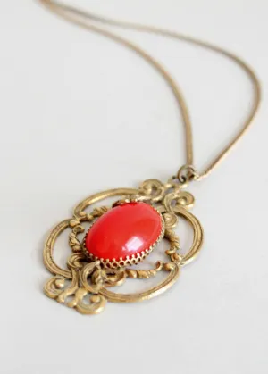 Vintage 1930s Red Glass and Brass Pendant Necklace