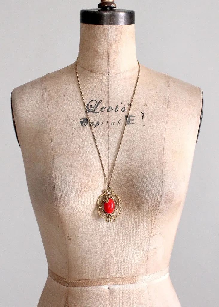 Vintage 1930s Red Glass and Brass Pendant Necklace