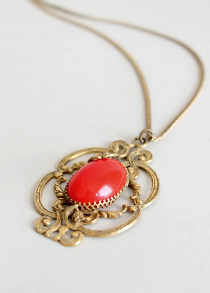 Vintage 1930s Red Glass and Brass Pendant Necklace