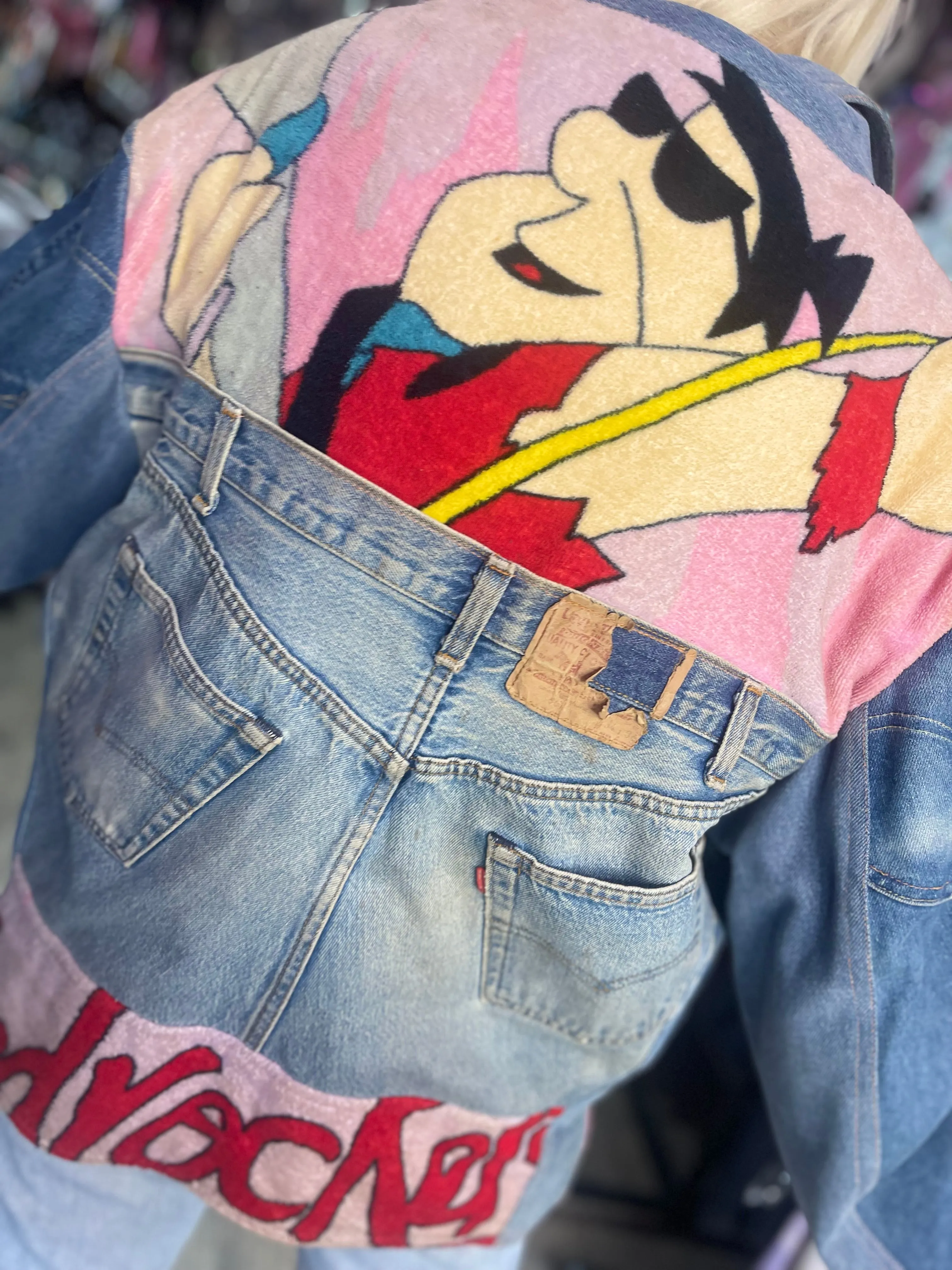 Vintage 80s Patchwork Flintstones Jean Jacket