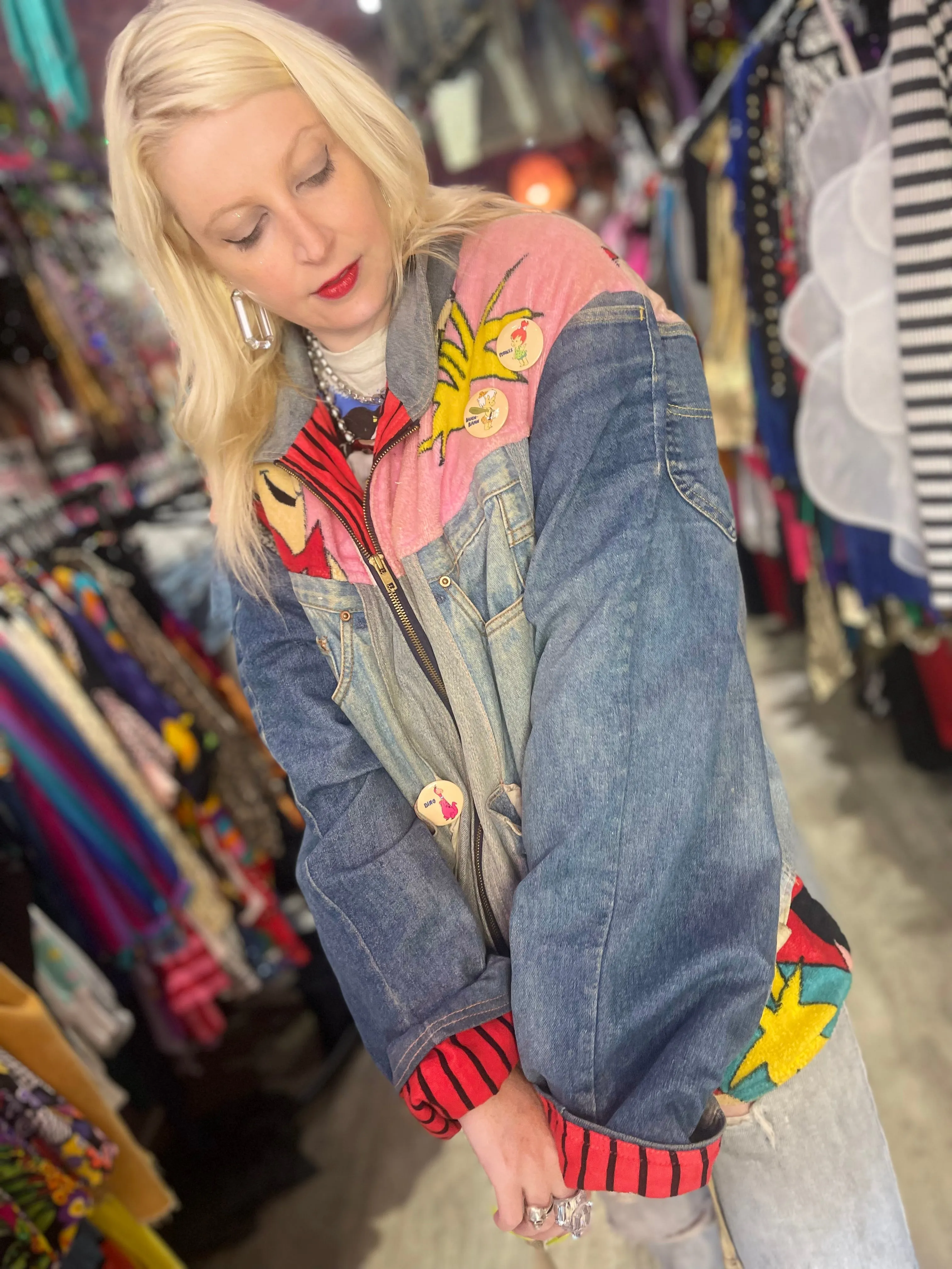 Vintage 80s Patchwork Flintstones Jean Jacket