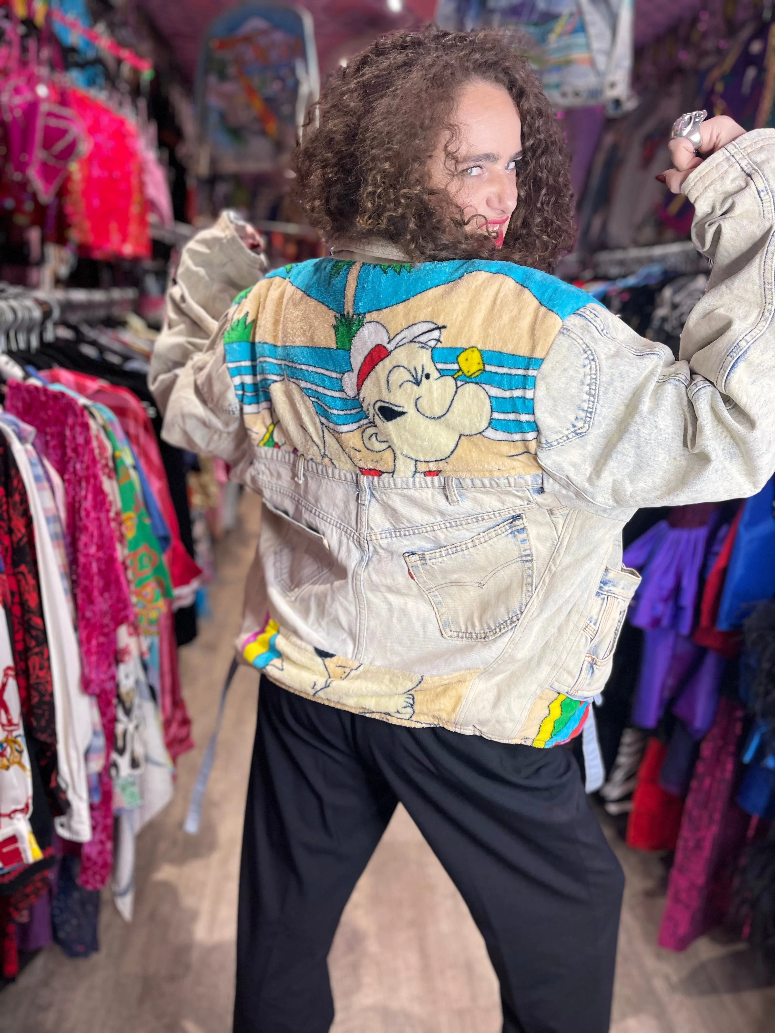 Vintage 80s Patchwork Popeye Jean Jacket